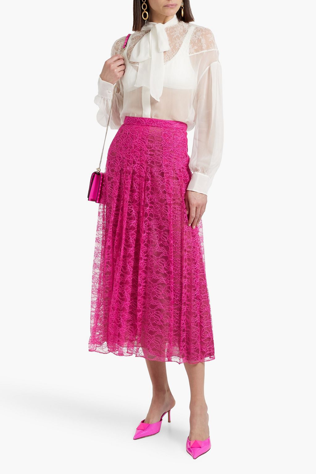 VALENTINO GARAVANI Pleated corded lace midi skirt | THE OUTNET