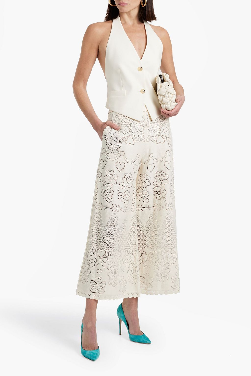 VALENTINO GARAVANI Pointelle-knit cotton-blend lace culottes