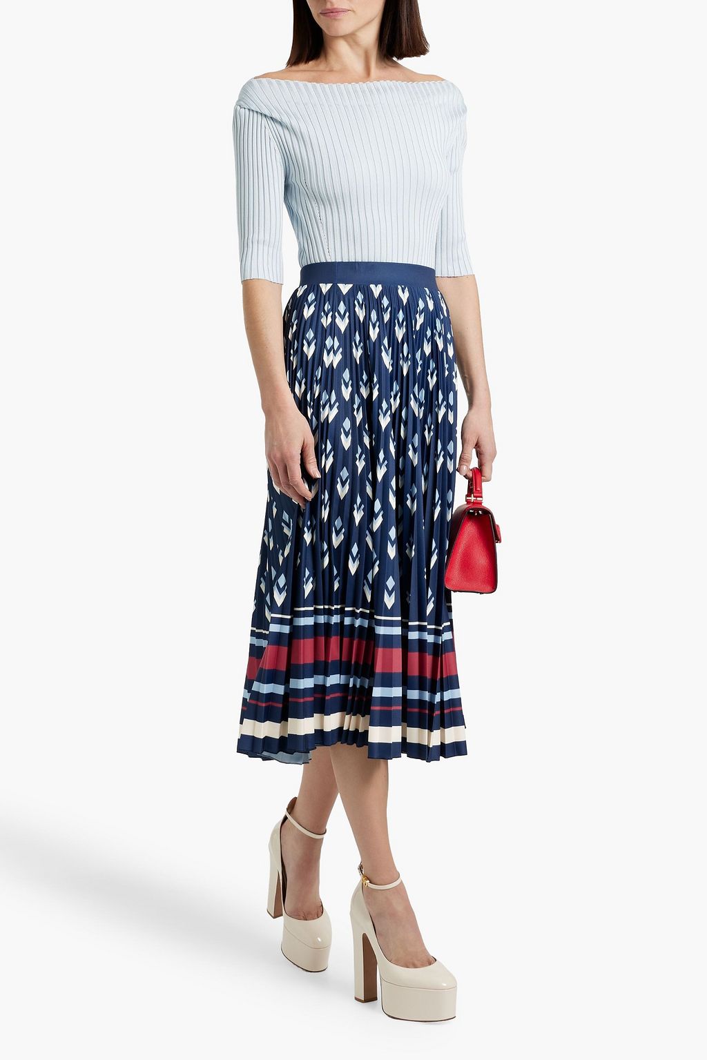 VALENTINO GARAVANI Pleated printed satin-jersey midi skirt