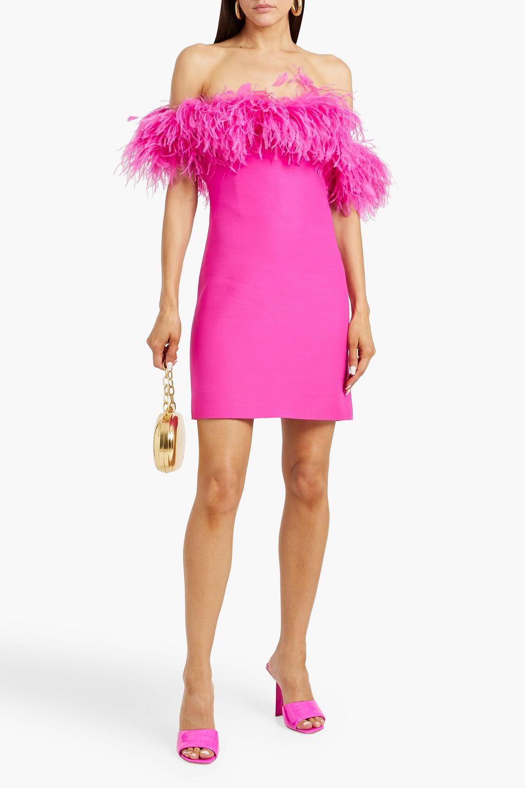 VALENTINO GARAVANI Off-the-shoulder feather-embellished wool and silk-blend crepe mini dress