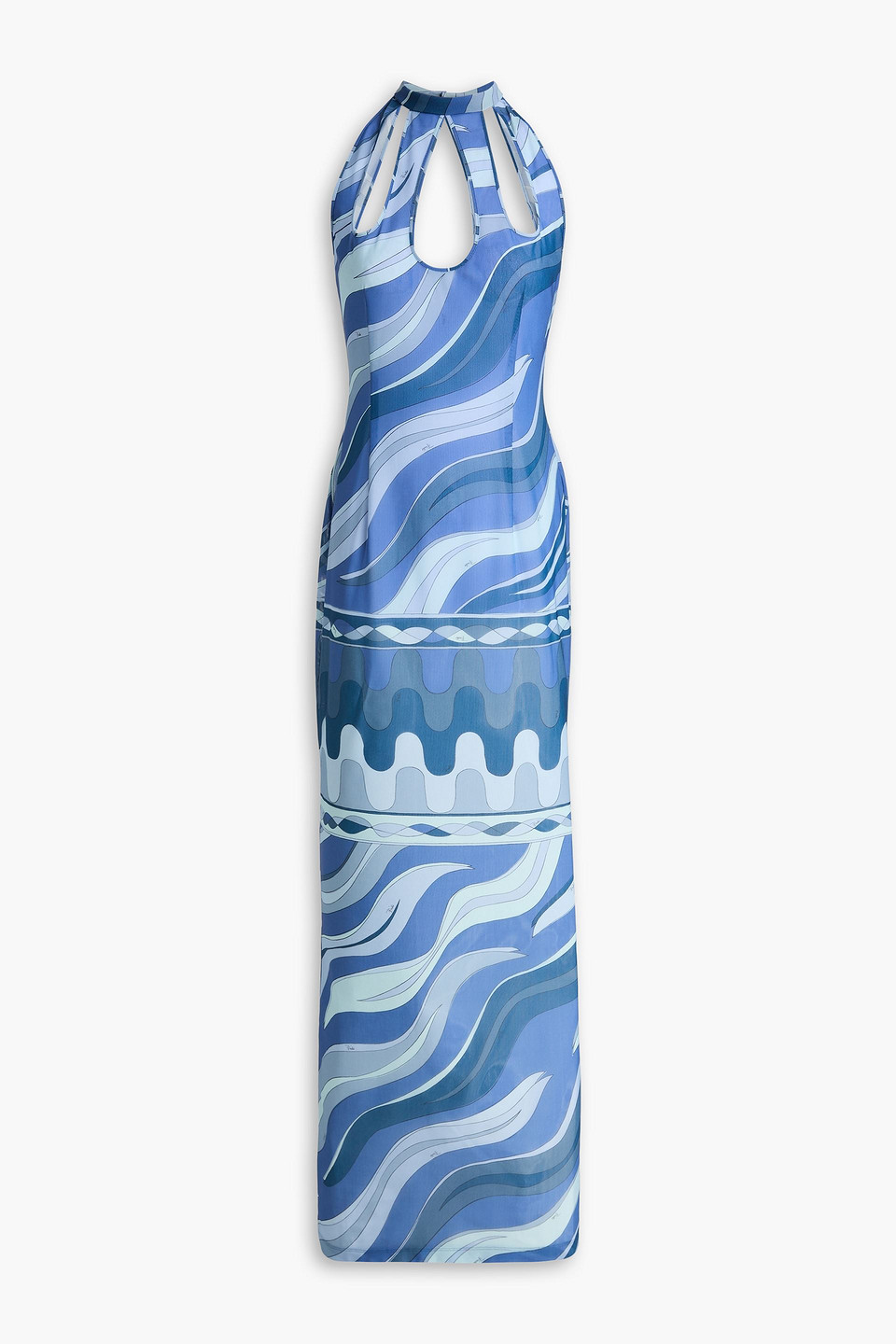 Pucci Cutout Printed Stretch-mesh Maxi Dress In Blue