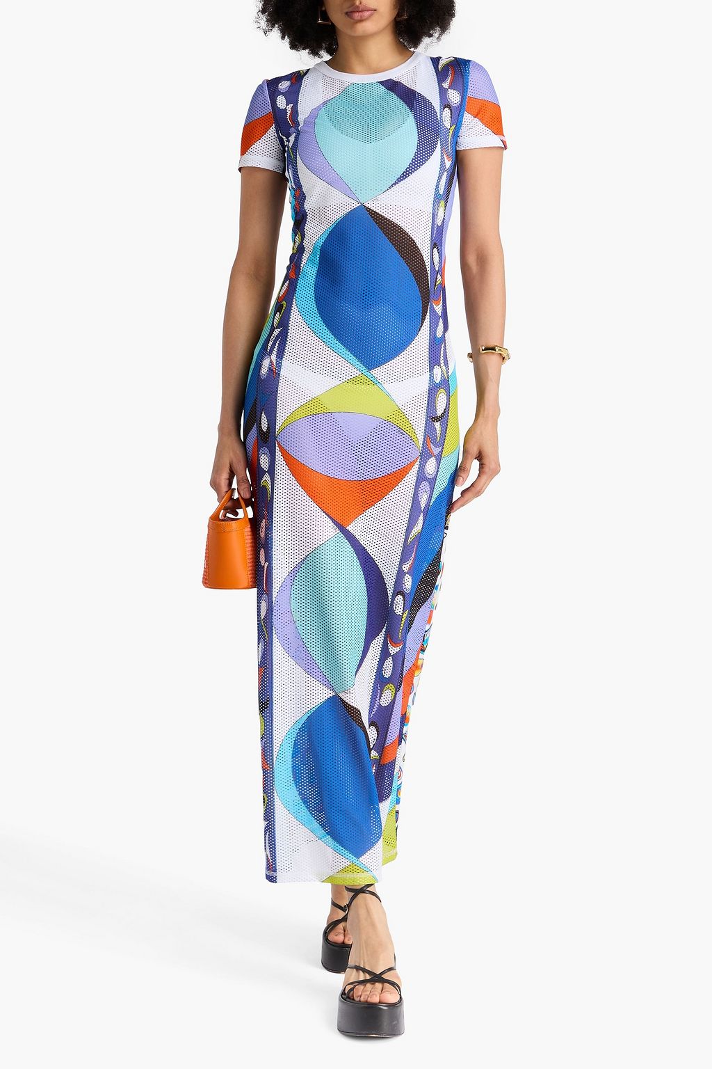 PUCCI ストレッチメッシュ&コットンジャージー マキシワンピース プリント入り