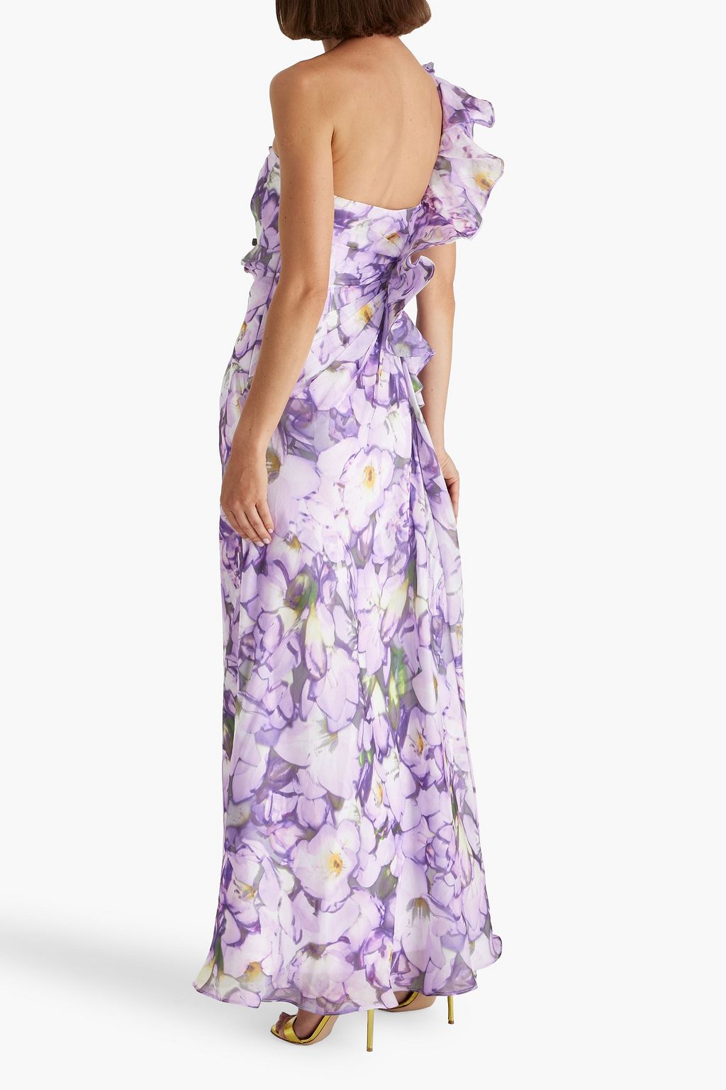 BADGLEY MISCHKA One-shoulder ruffled floral-print crepon maxi dress