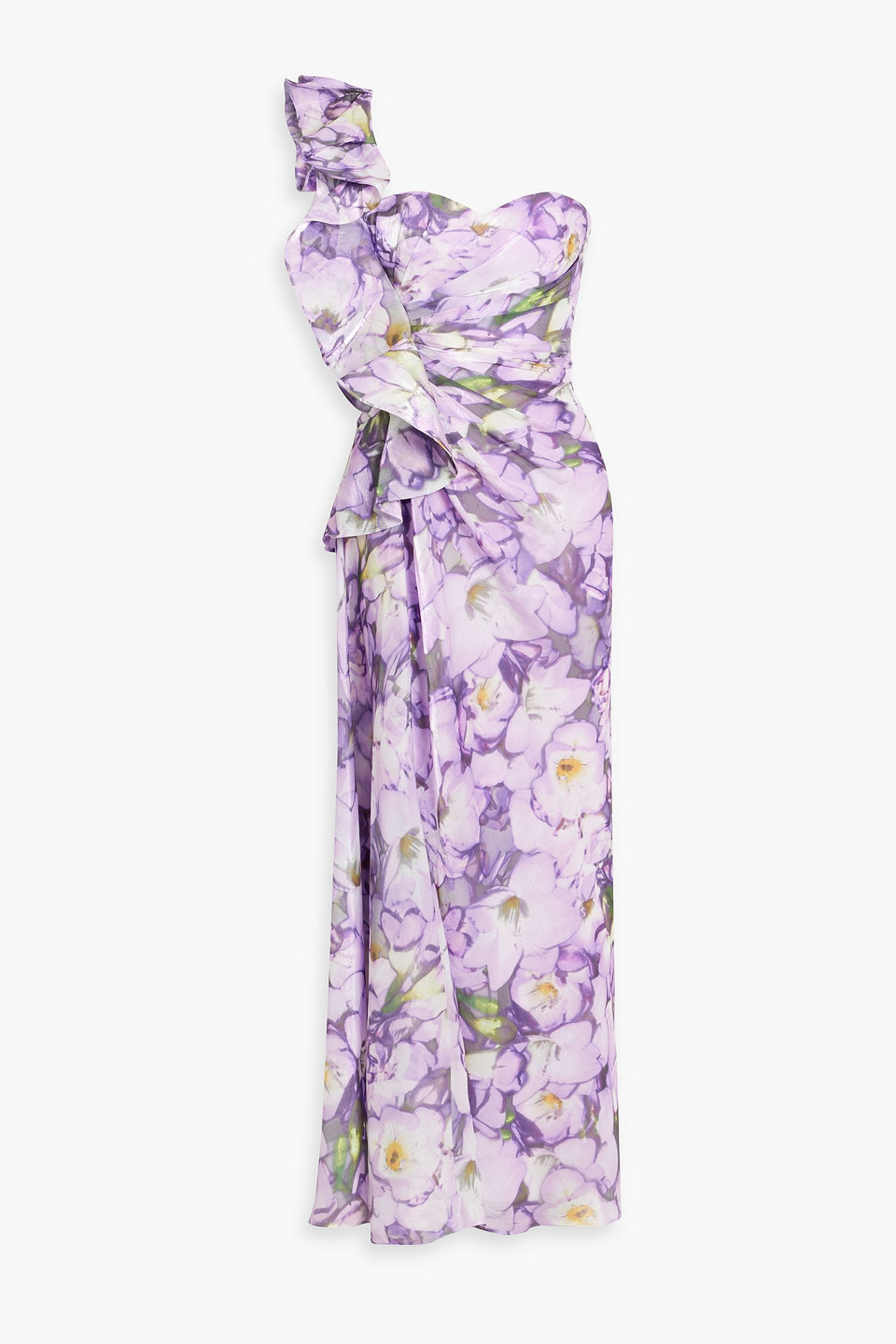One-shoulder ruffled floral-print crepon maxi dress