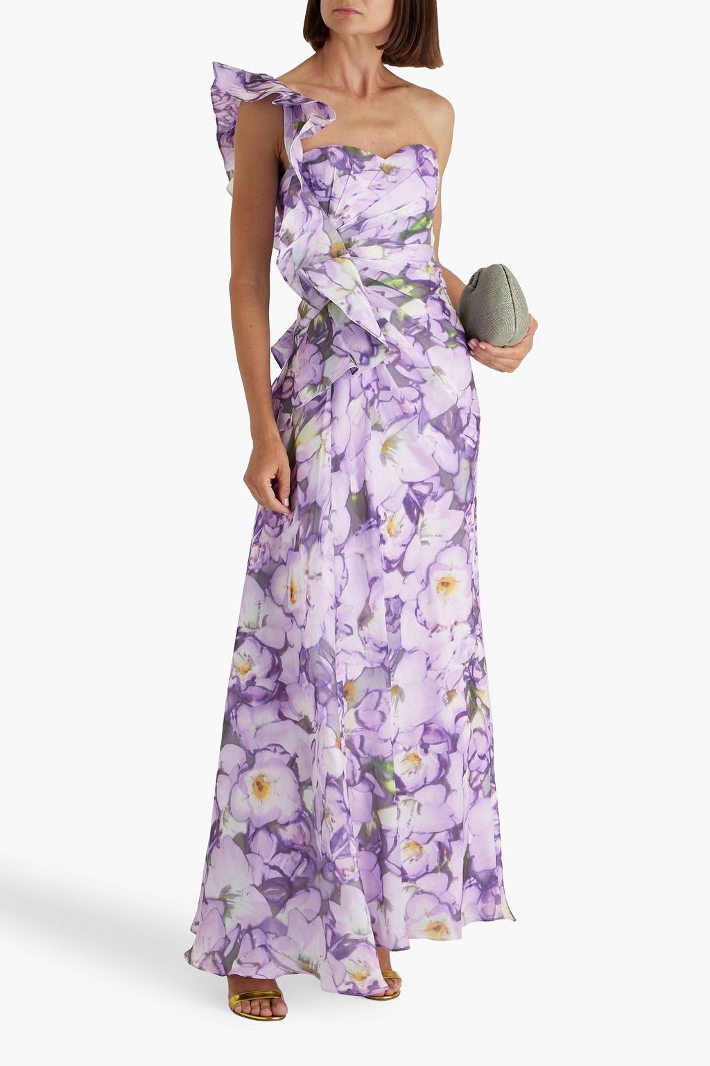 BADGLEY MISCHKA One-shoulder ruffled floral-print crepon maxi dress