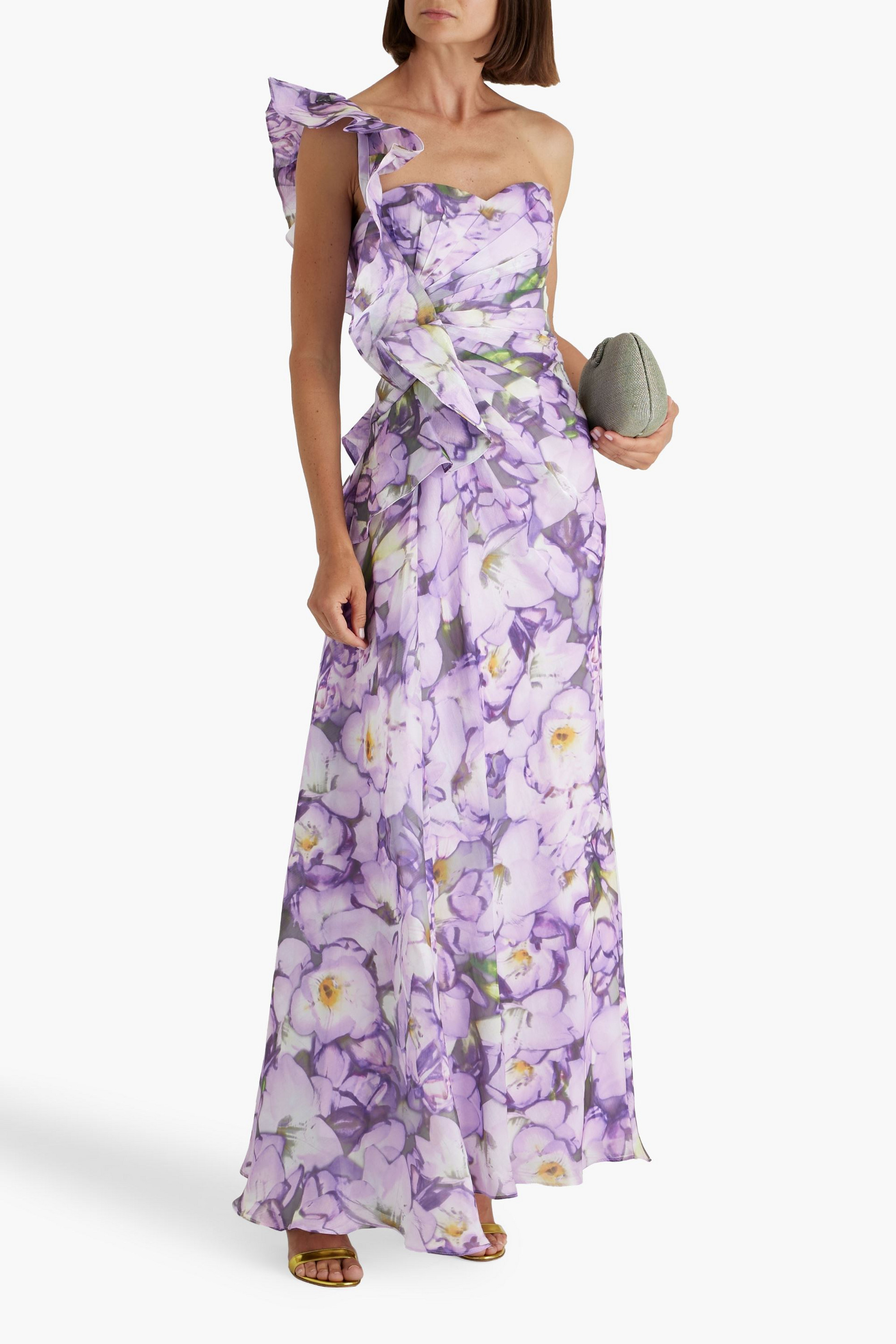 Badgley Mischka One-shoulder ruffled floral-print crepon maxi dress