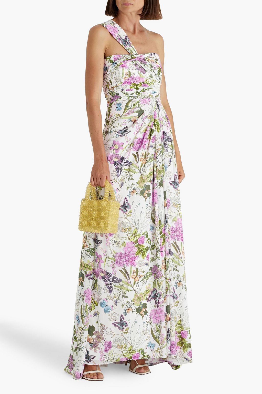 BADGLEY MISCHKA One-shoulder floral-print crepe maxi dress