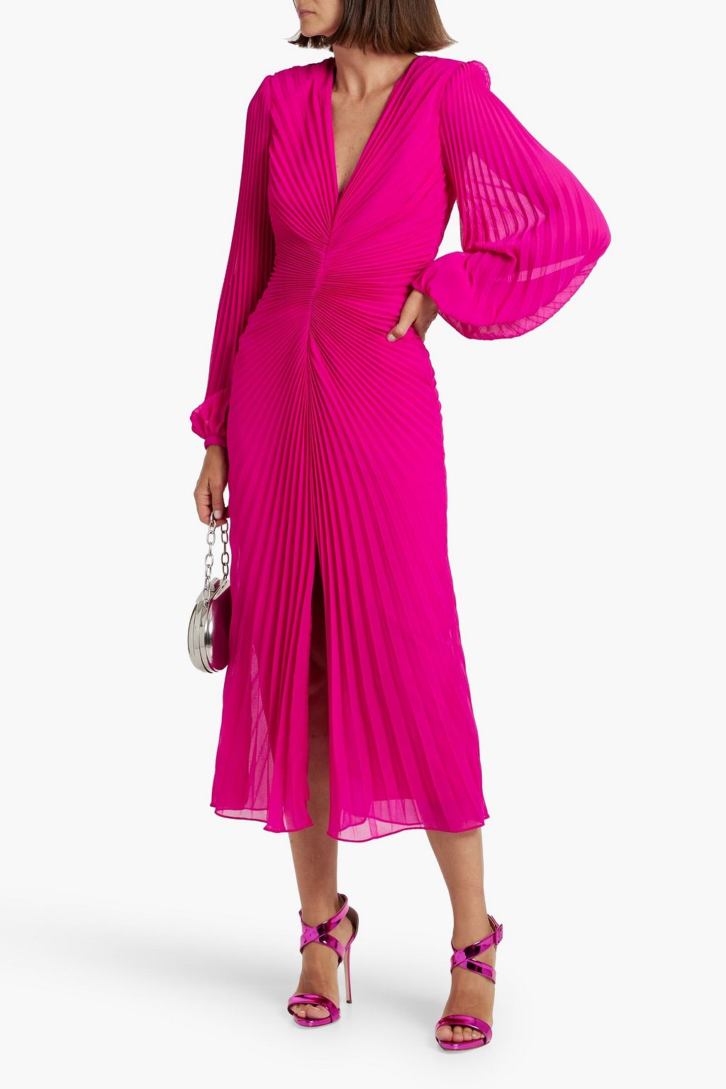 BADGLEY MISCHKA Plissé-chiffon midi dress