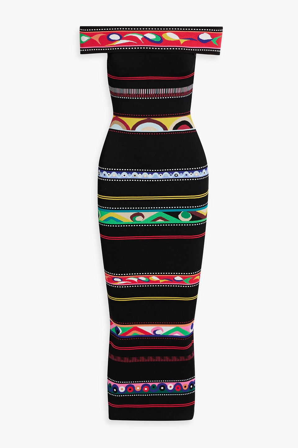 Off-the-shoulder striped jacquard-knit midi dress