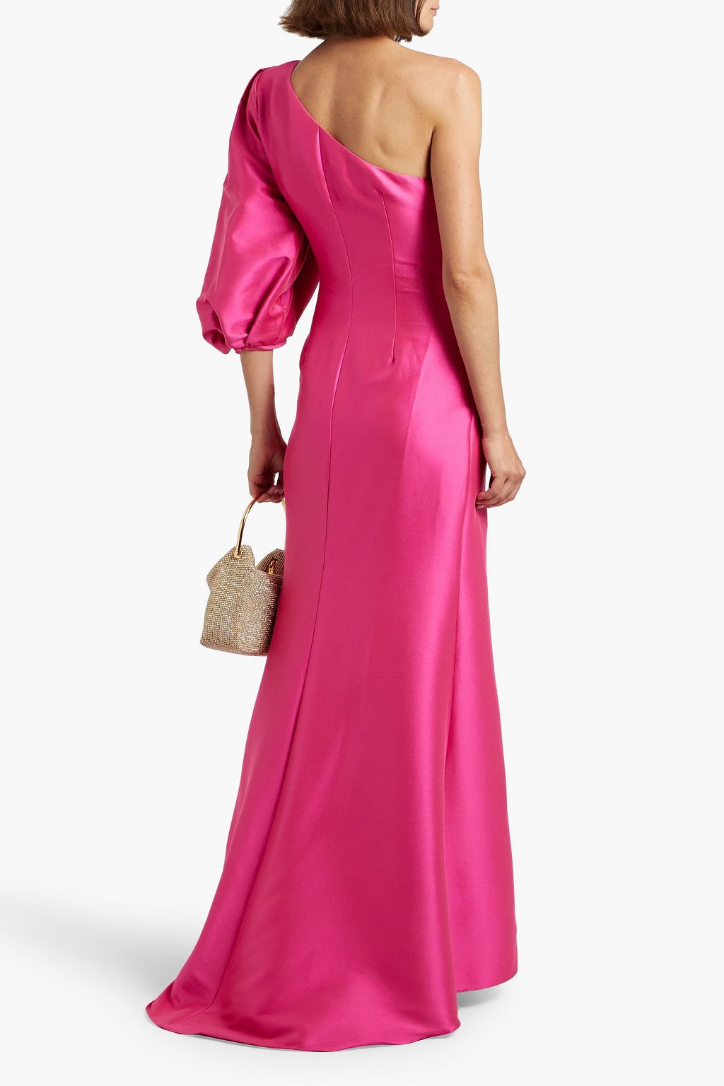 BADGLEY MISCHKA One-sleeve draped faille gown