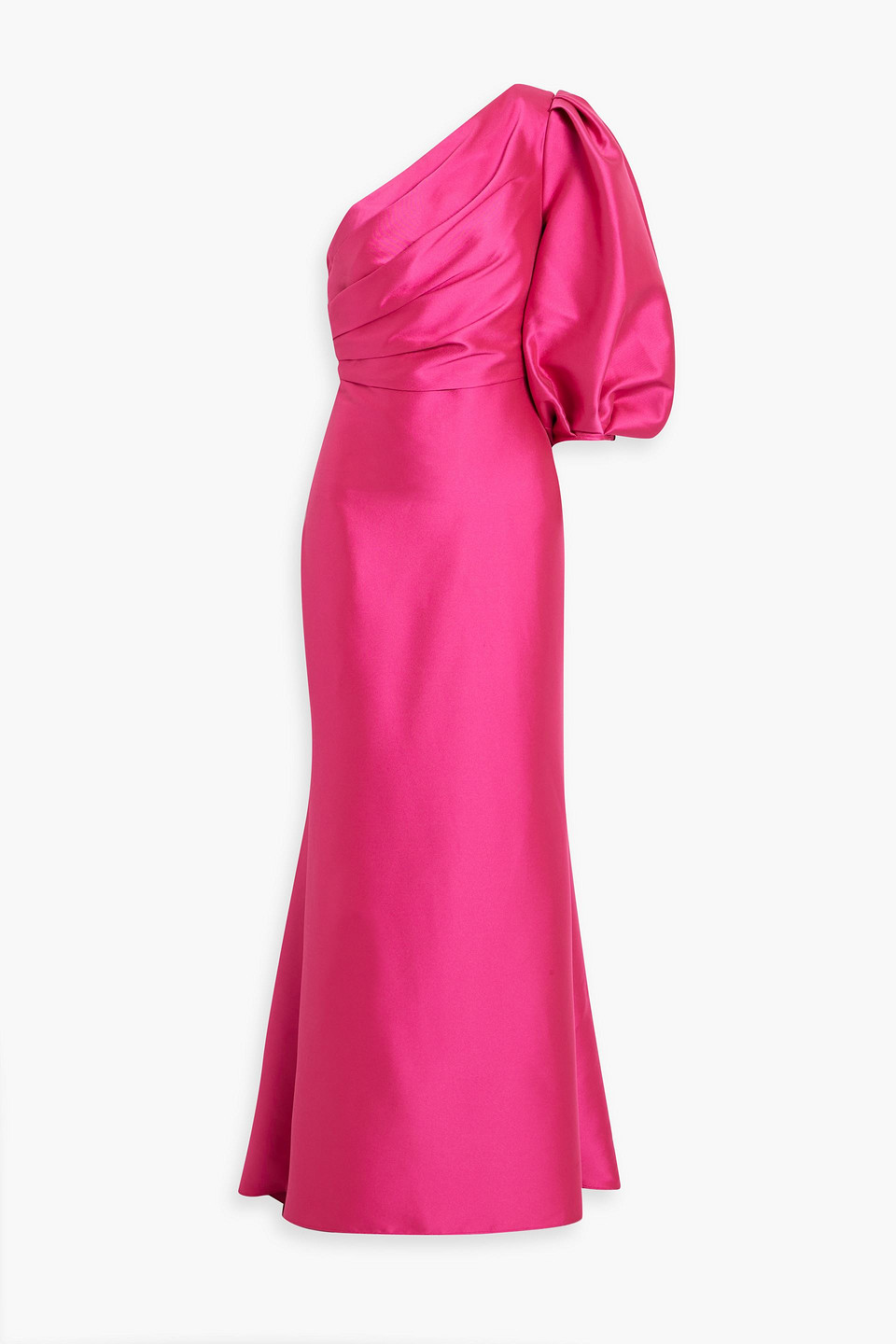 One-sleeve draped faille gown
