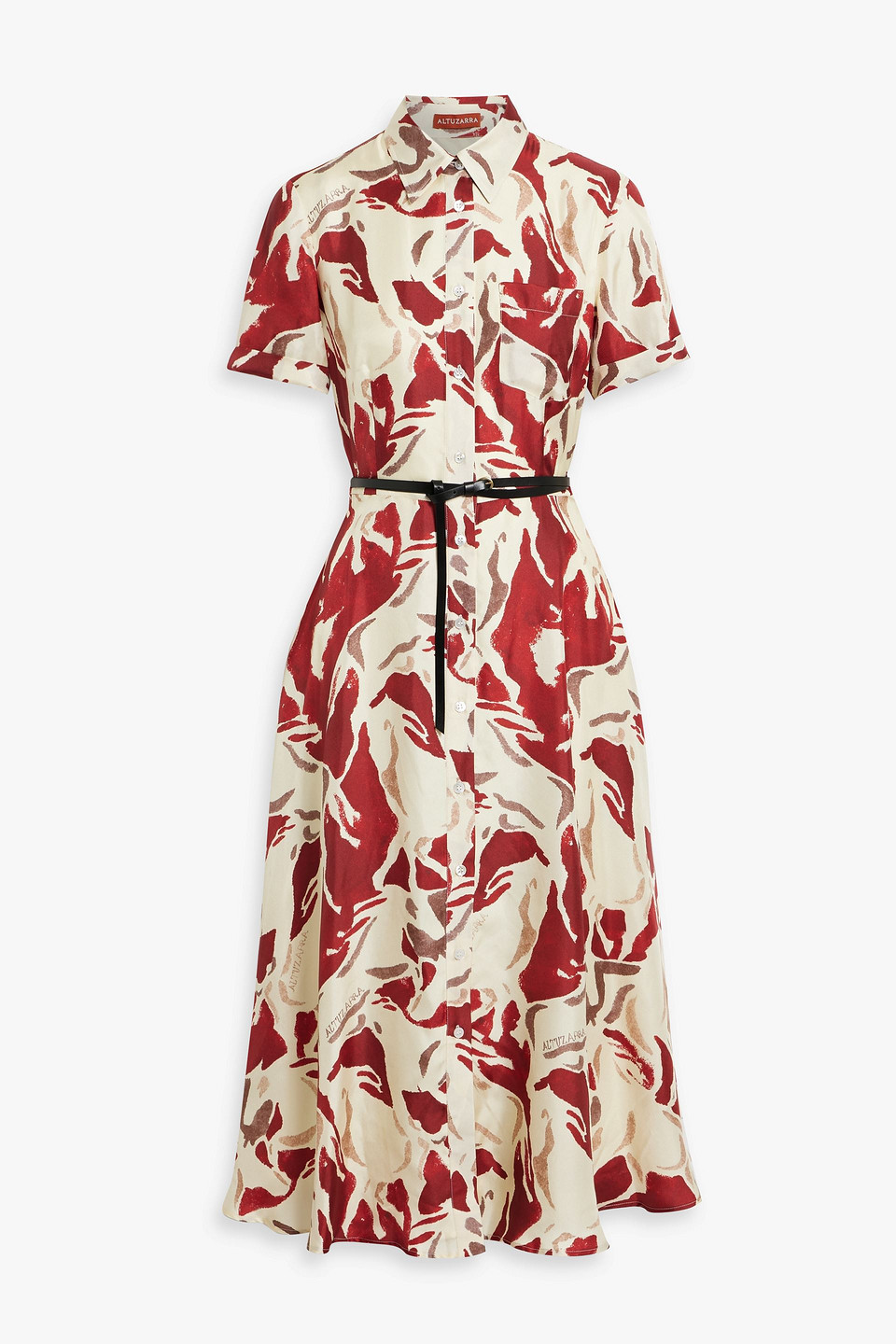 Belted printed silk-twill midi shirt dress