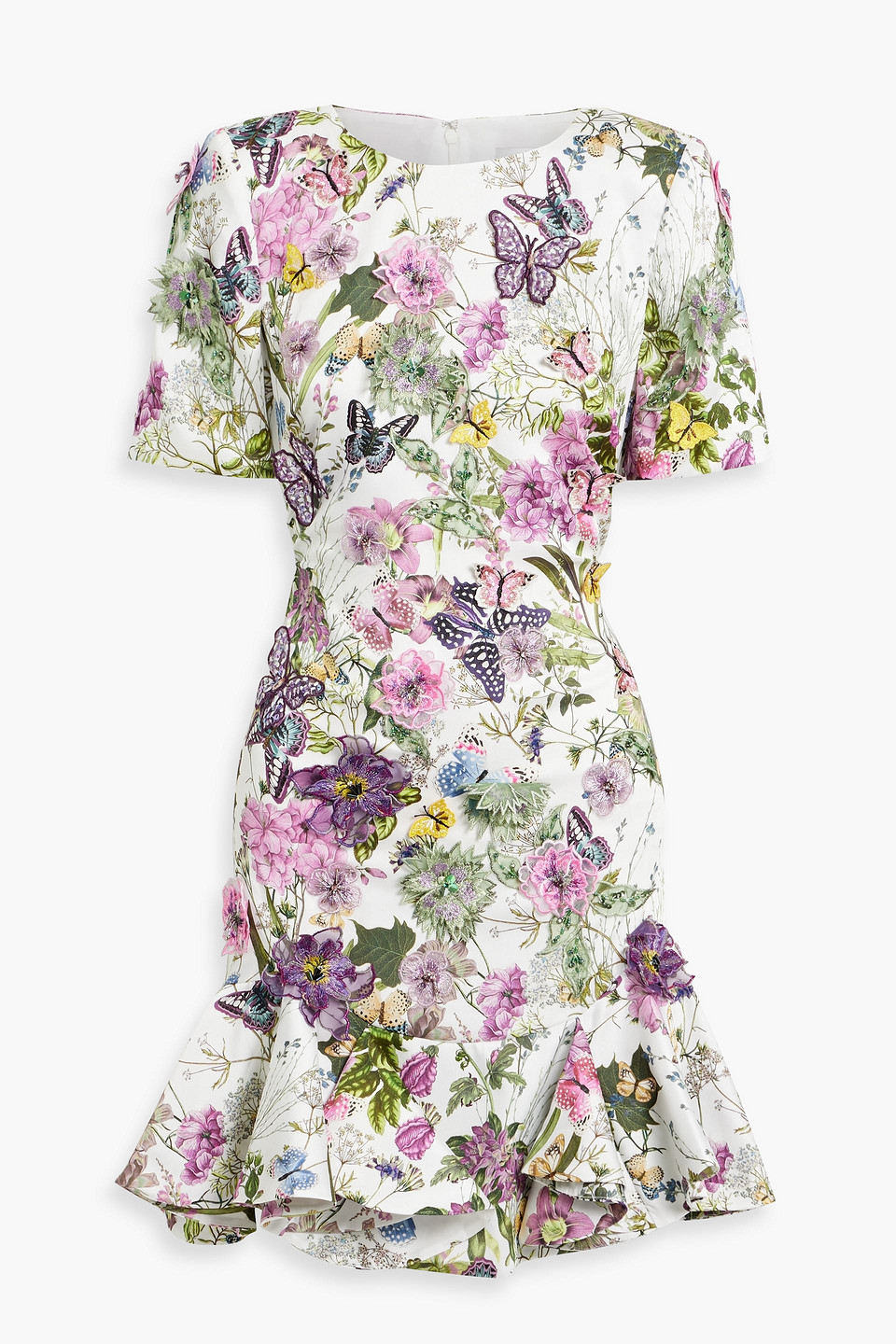 Floral-appliquéd printed twill mini dress