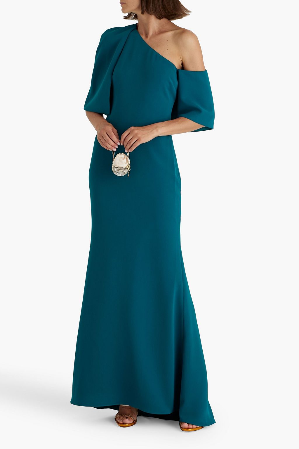 BADGLEY MISCHKA One-shoulder crepe gown