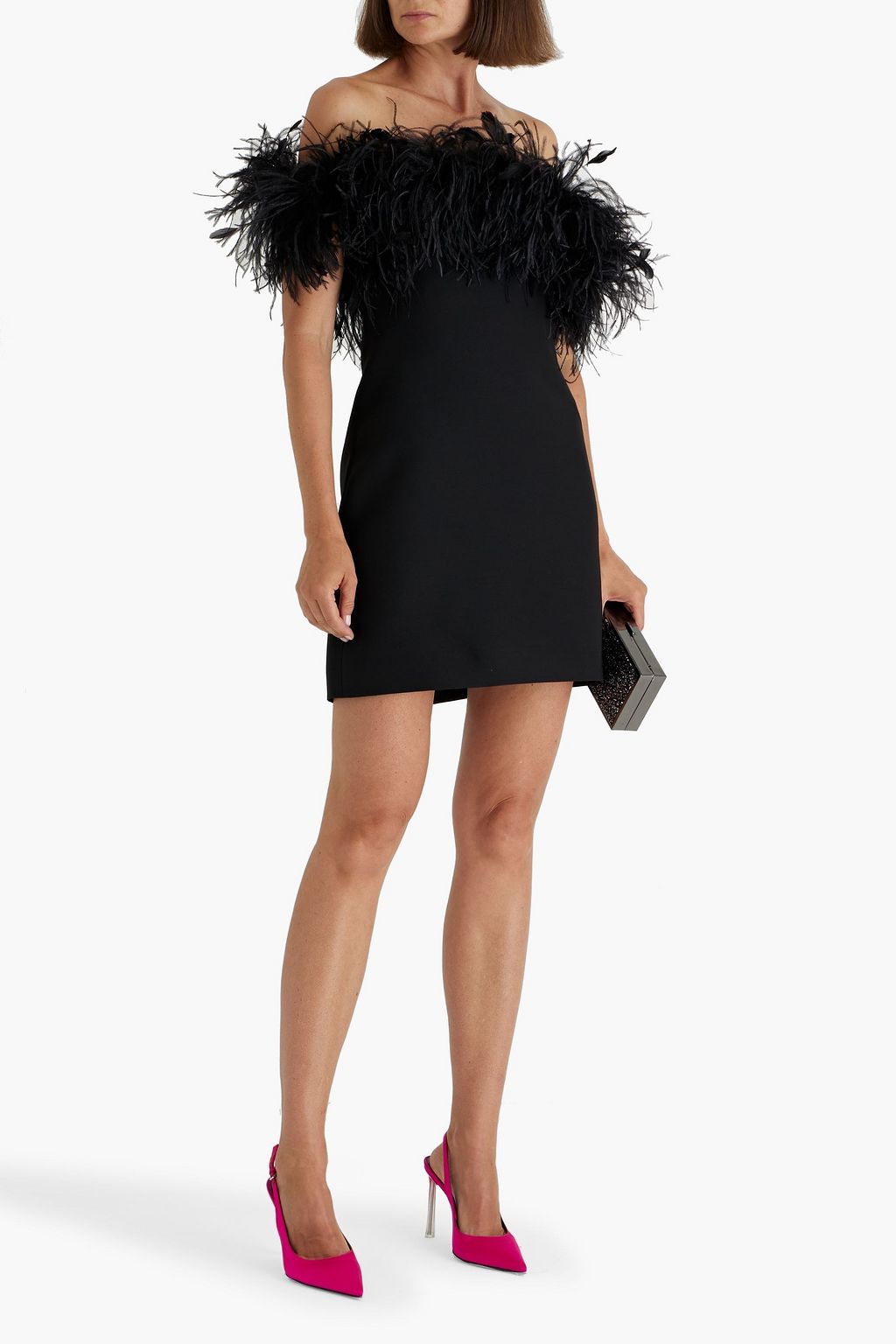 VALENTINO GARAVANI Off-the-shoulder feather-embellished wool and silk-blend crepe mini dress