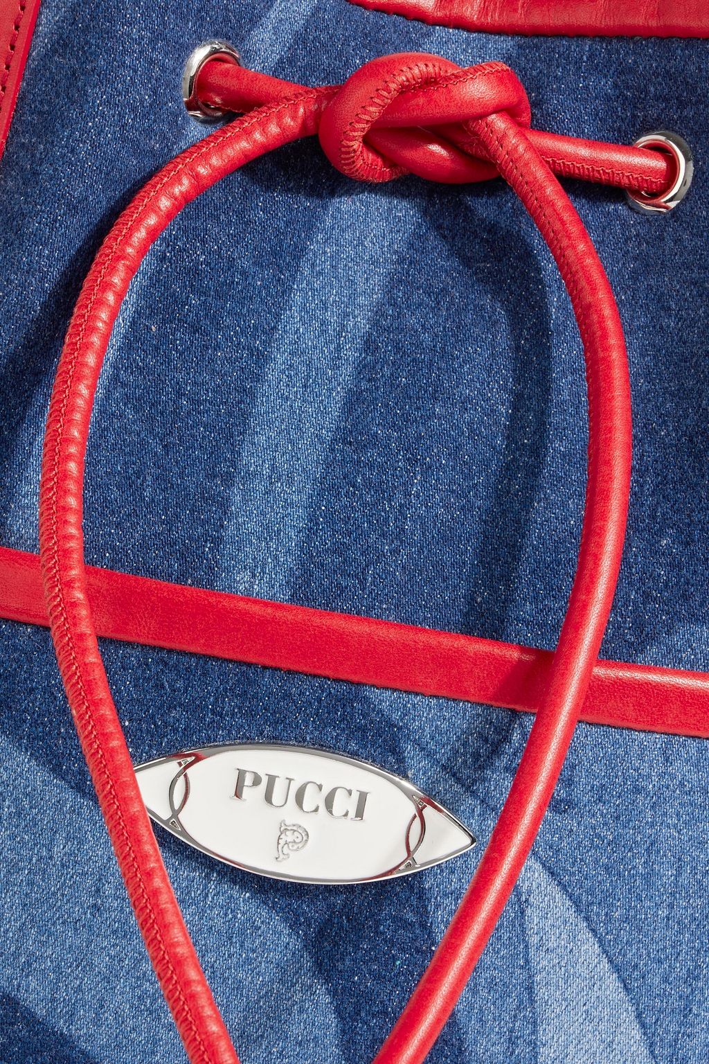 PUCCI Bedruckte Bucket Bag aus Denim mit Lederbesatz