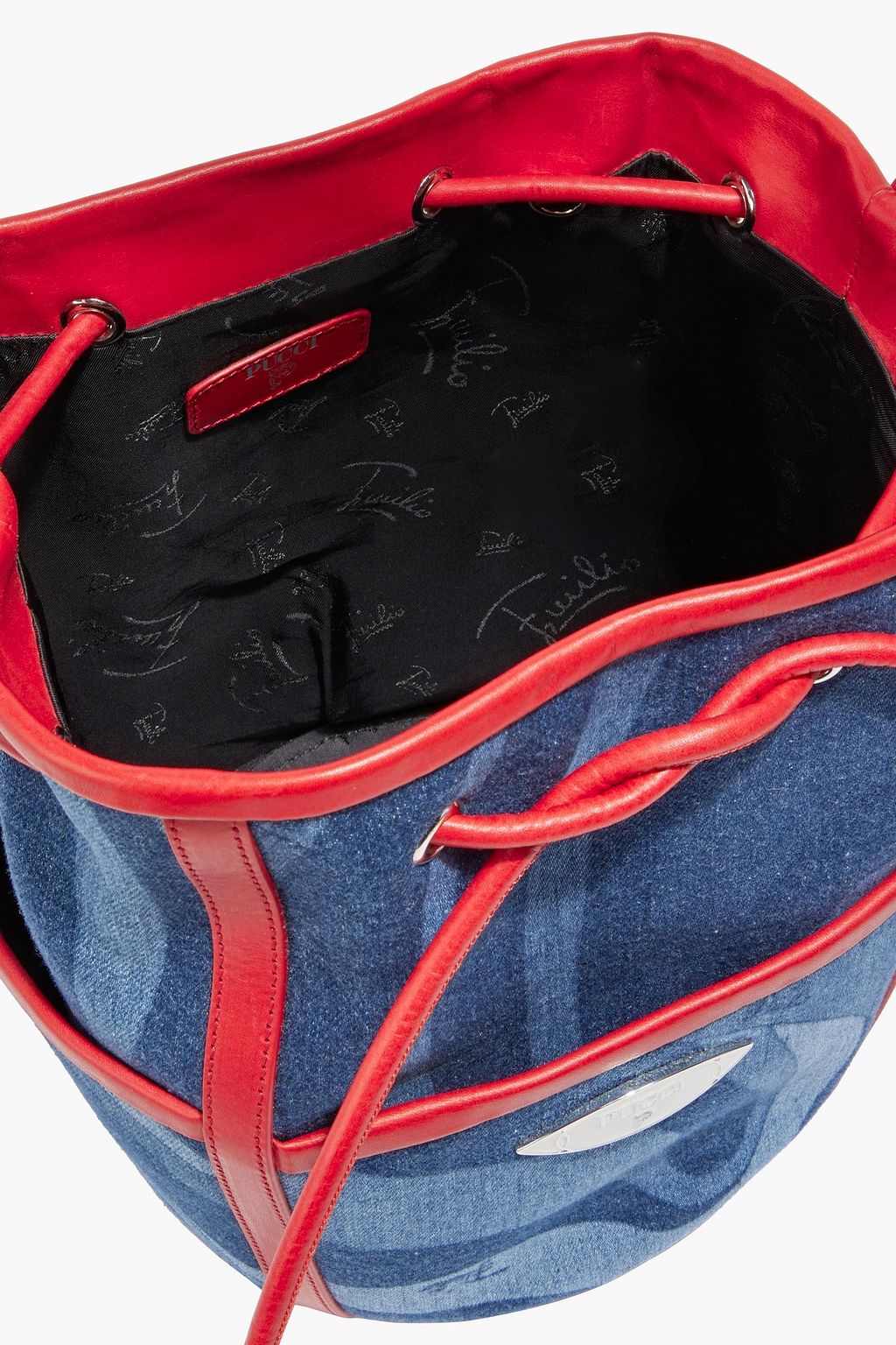 PUCCI Bedruckte Bucket Bag aus Denim mit Lederbesatz