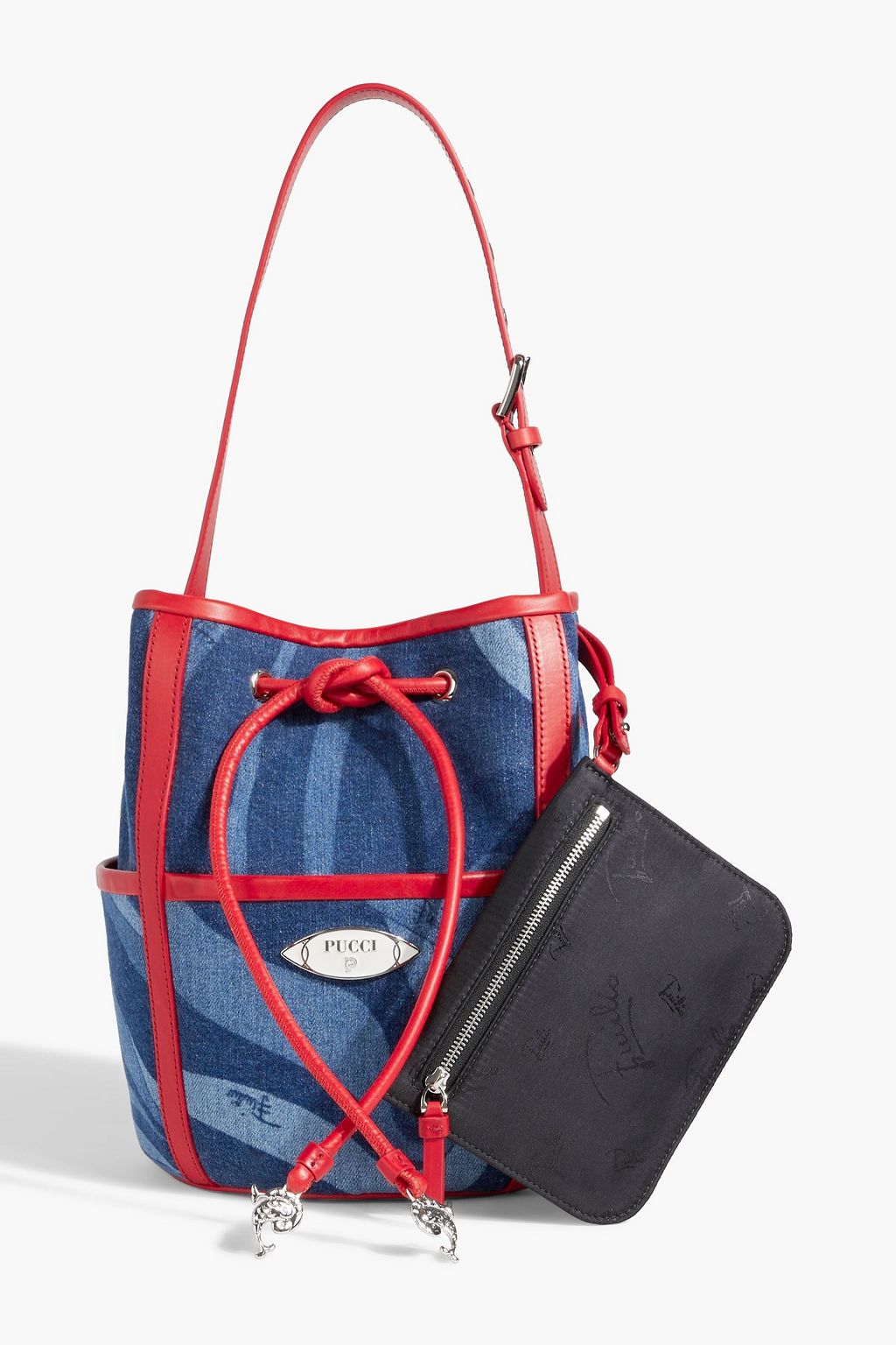 PUCCI Bedruckte Bucket Bag aus Denim mit Lederbesatz