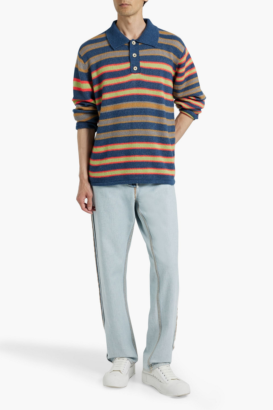 The Elder Statesman Leo Striped Cashmere And Cotton-blend Polo Sweater In Multi