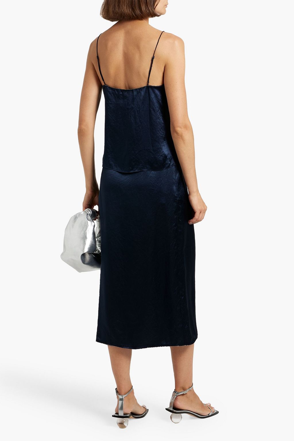 VINCE. Wrap-effect embellished satin midi skirt