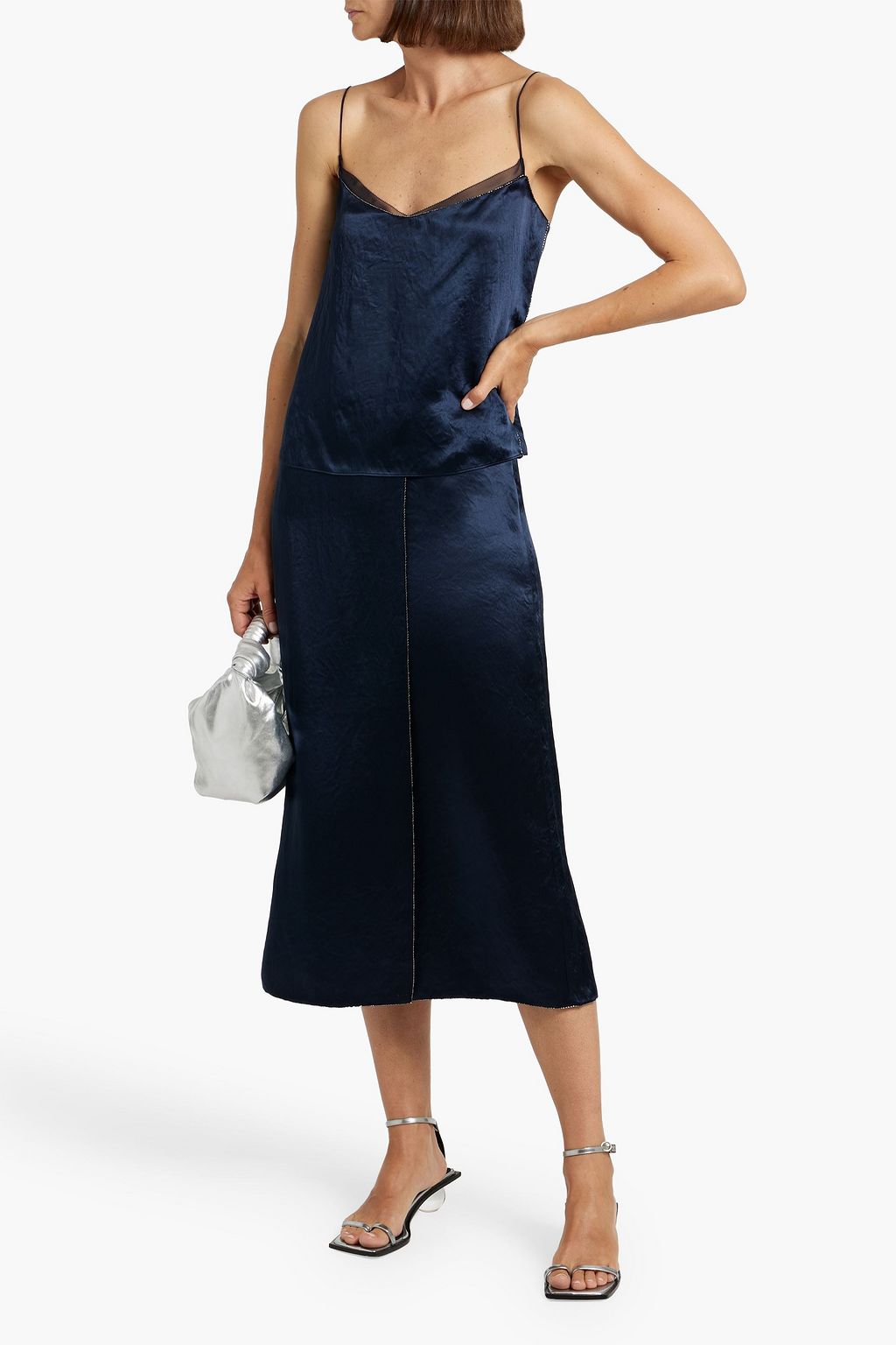 VINCE. Wrap-effect embellished satin midi skirt