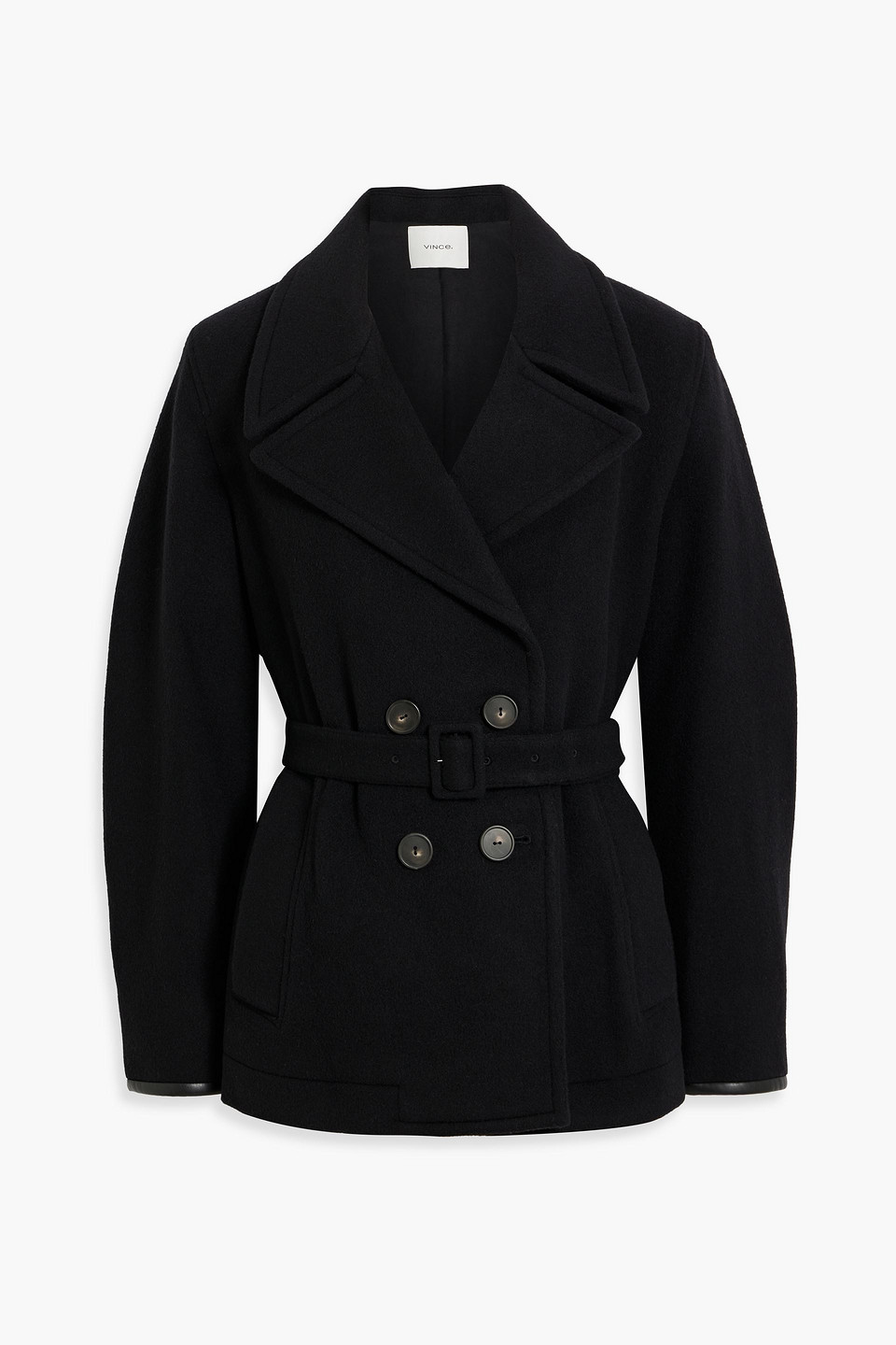 vince. - belted double-breasted wool-blend felt coat - black - s