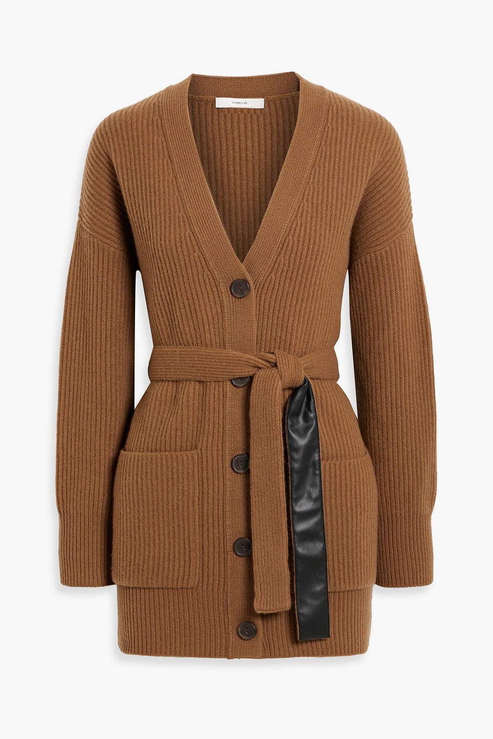 Vince Belted Ribbed Wool And Cashmere-blend Cardigan In Brown