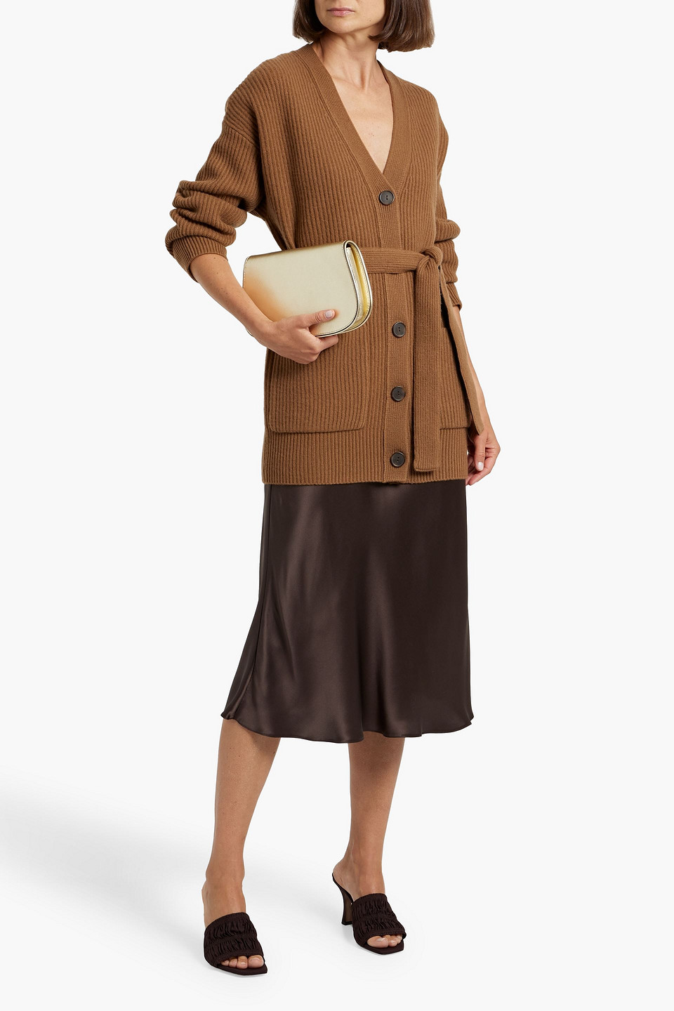 Vince Belted Ribbed Wool And Cashmere-blend Cardigan In Brown