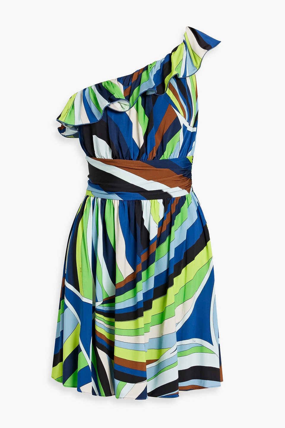 One-shoulder ruffled printed stretch-jersey mini dress