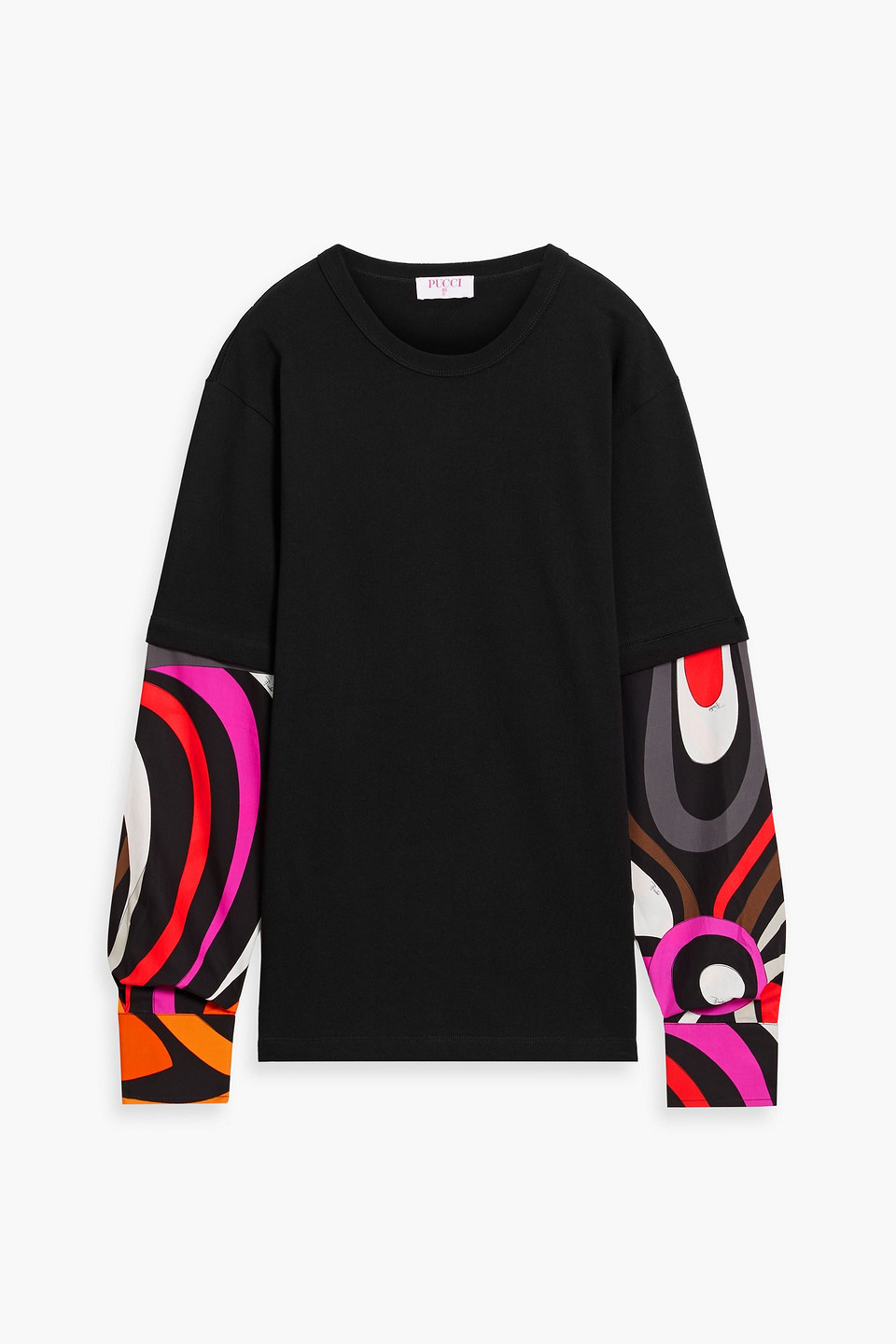 Layered printed poplin and cotton-jersey top