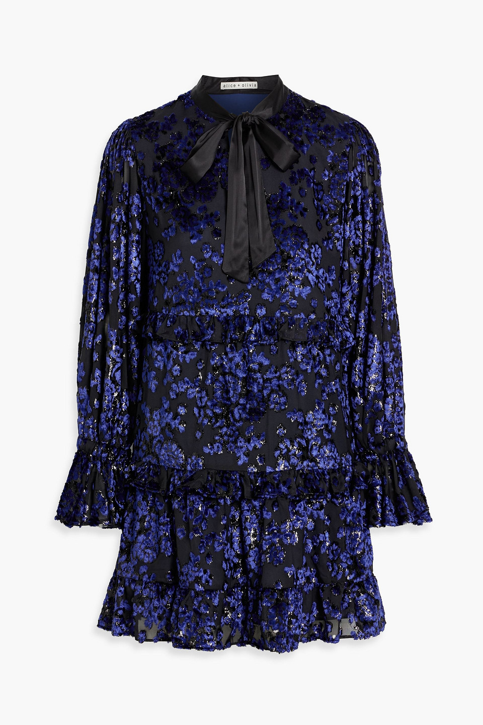 Moranne pussy-bow ruffled metallic fil coupé mini dress