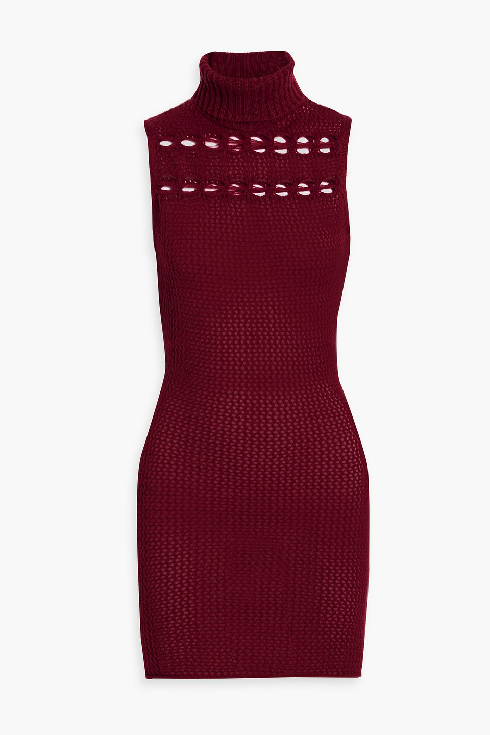 The Elder Statesman Open-knit Cashmere Turtleneck Mini Dress In Burgundy