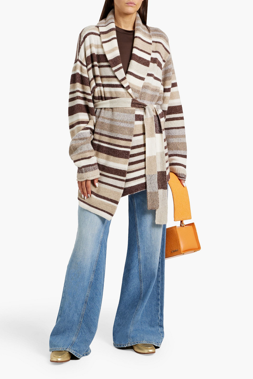 The Elder Statesman Belted Striped Cashmere Cardigan In Brown