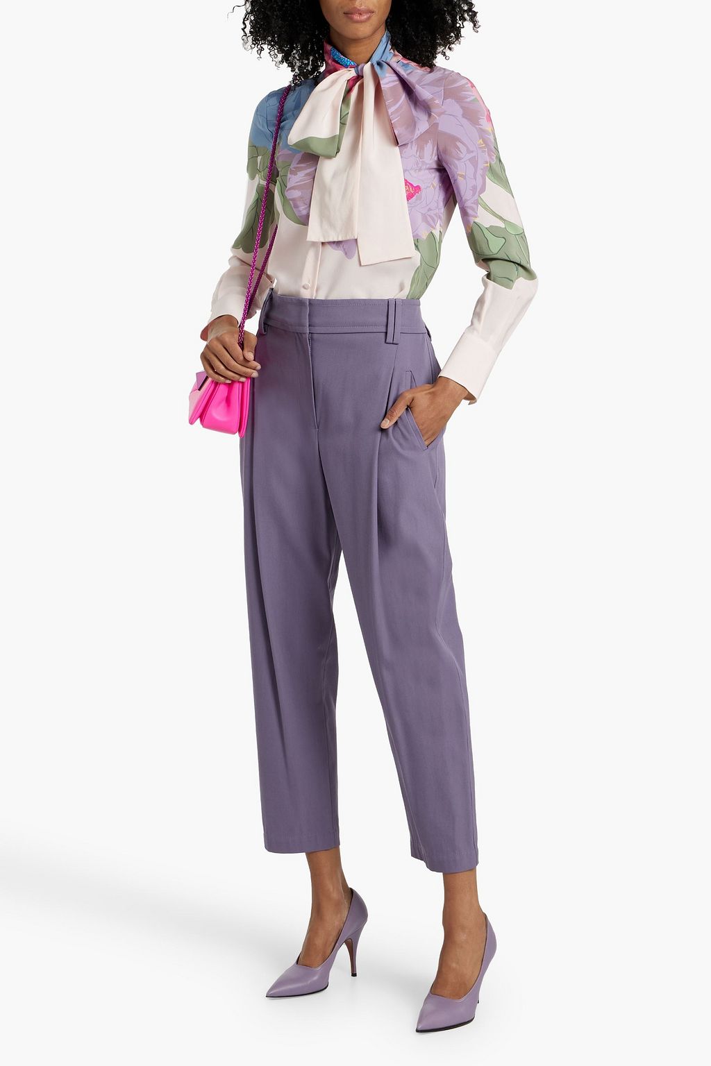 VALENTINO GARAVANI Pussy-bow floral-print silk-crepe blouse