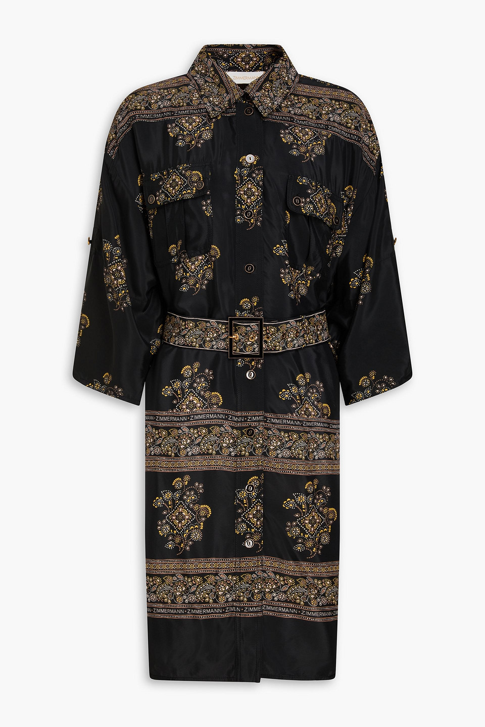 zimmermann - belted printed satin shirt dress - black - 00