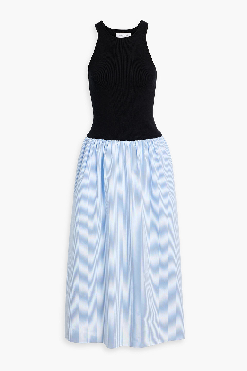 Knit-paneled striped cotton-poplin midi dress