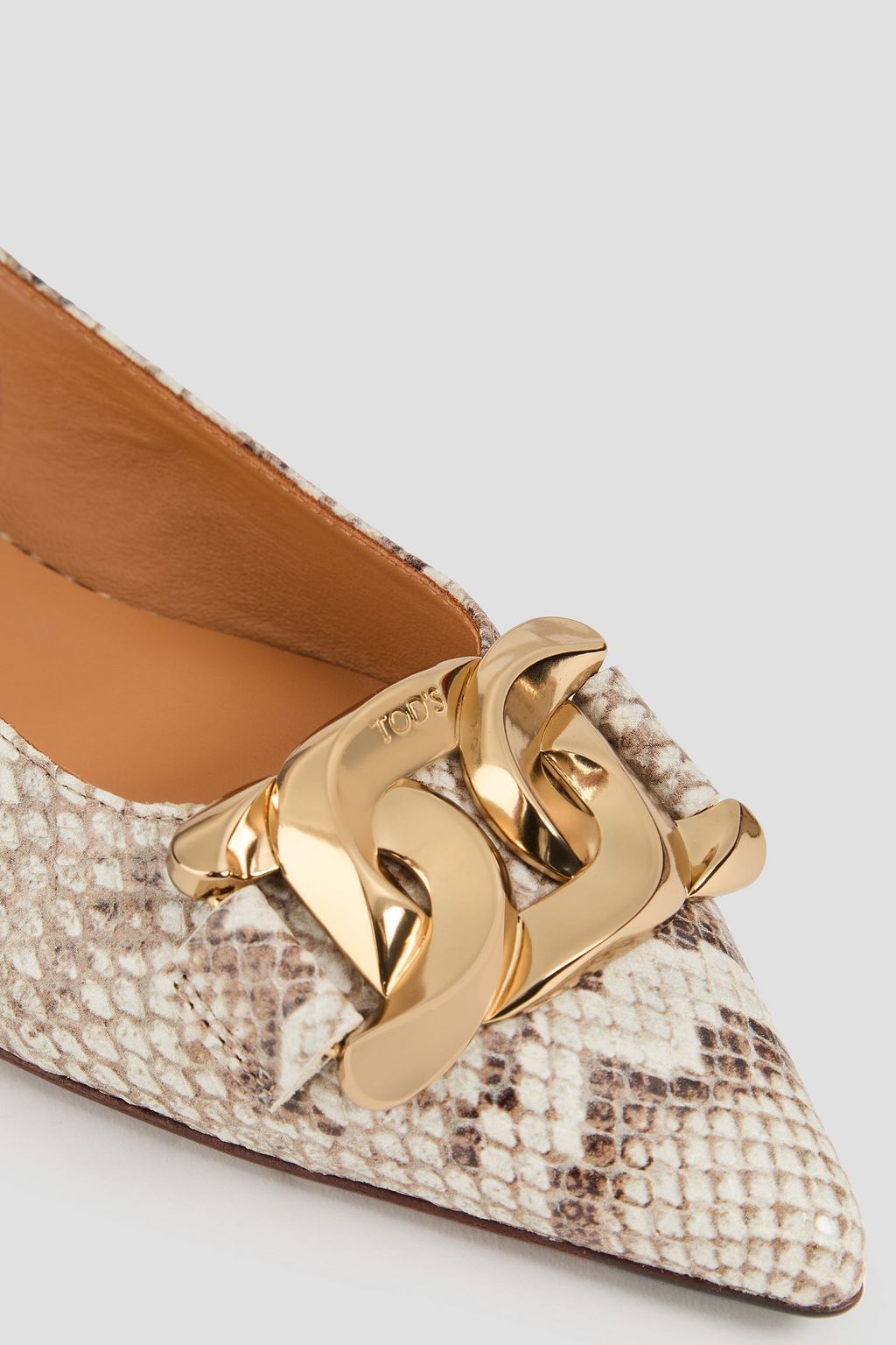TOD'S Embellished snake-effect leather slingback point-toe flats