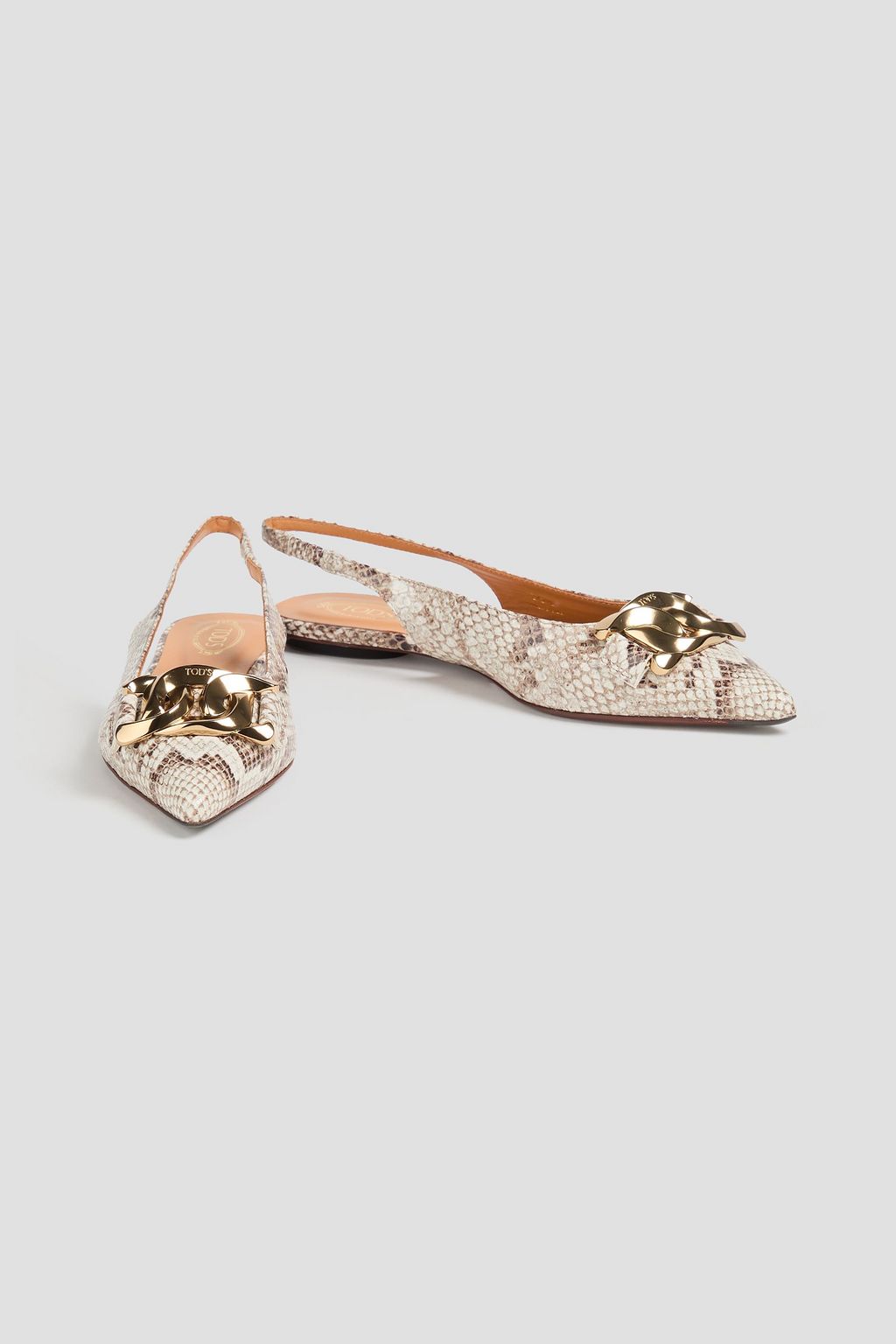 TOD'S Embellished snake-effect leather slingback point-toe flats
