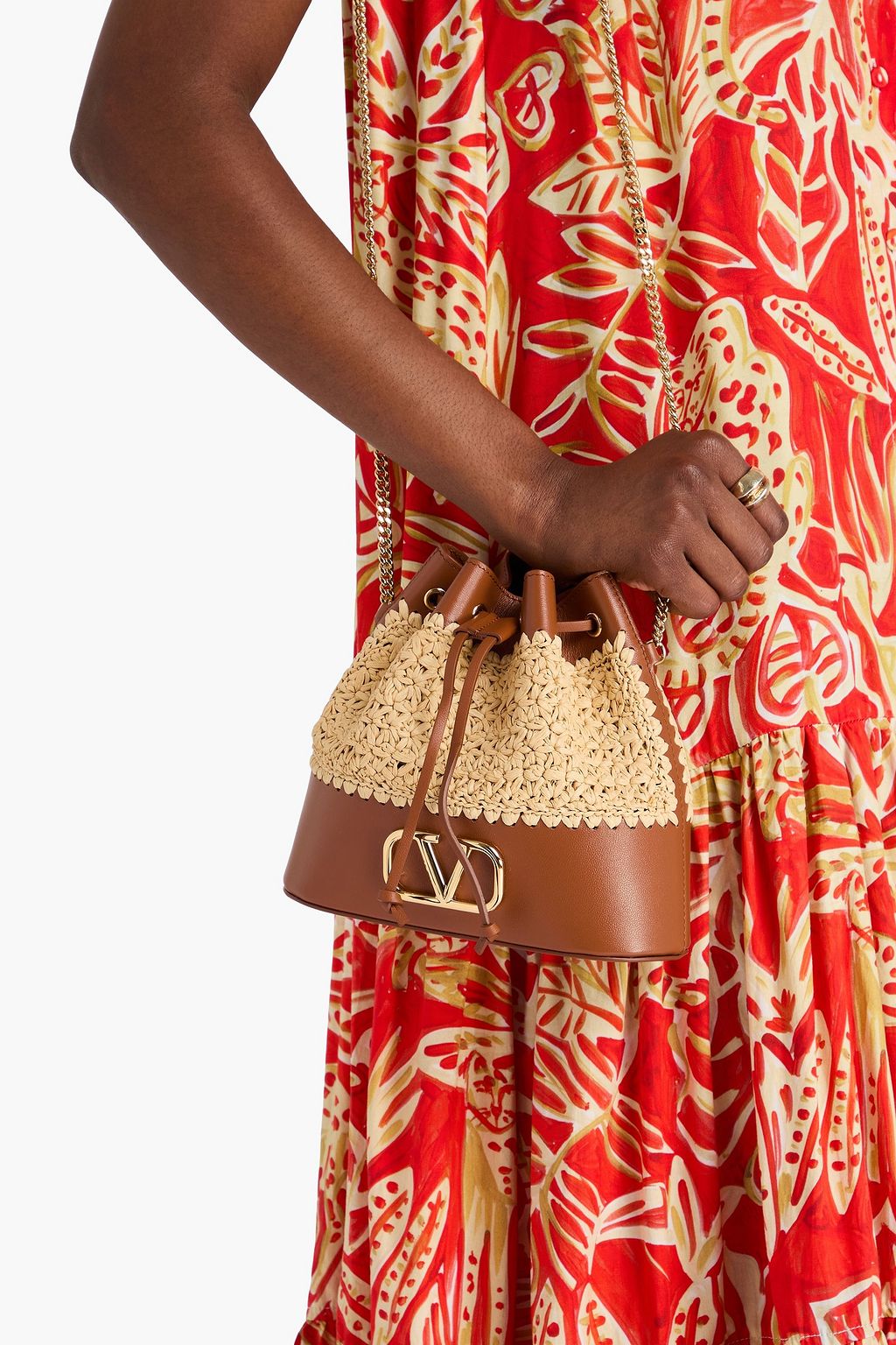 VALENTINO GARAVANI VLOGO leather-trimmed raffia bucket bag