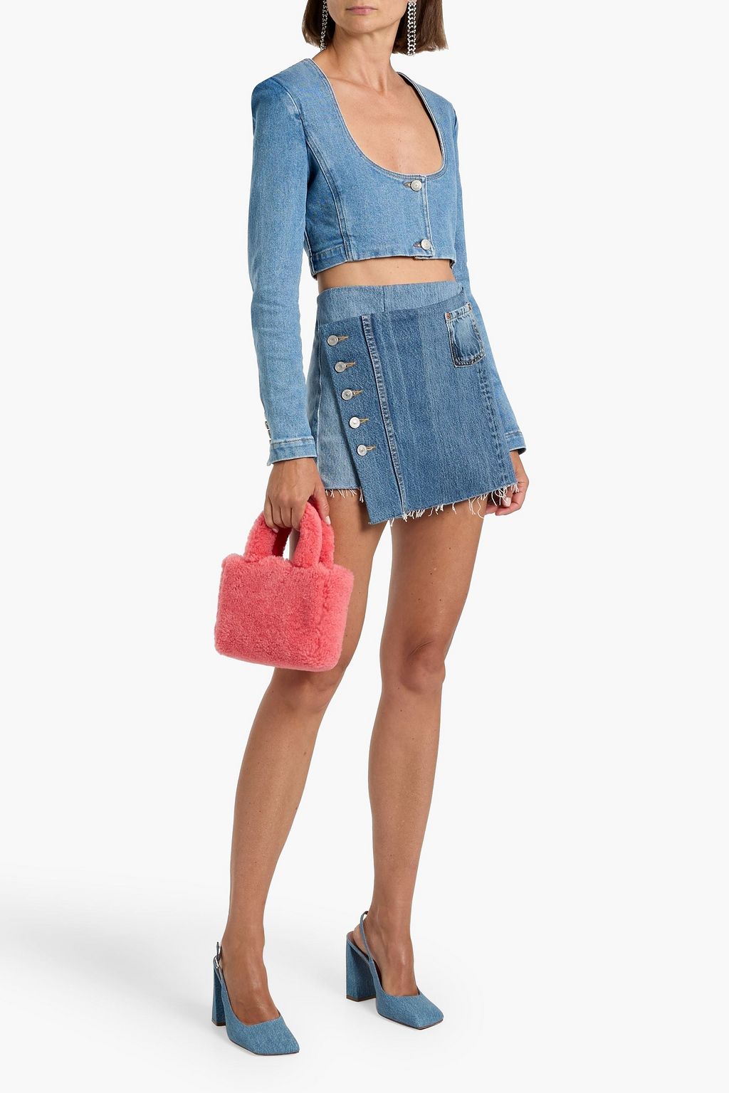 RE/DONE WITH LEVI'S Frayed denim mini wrap skirt