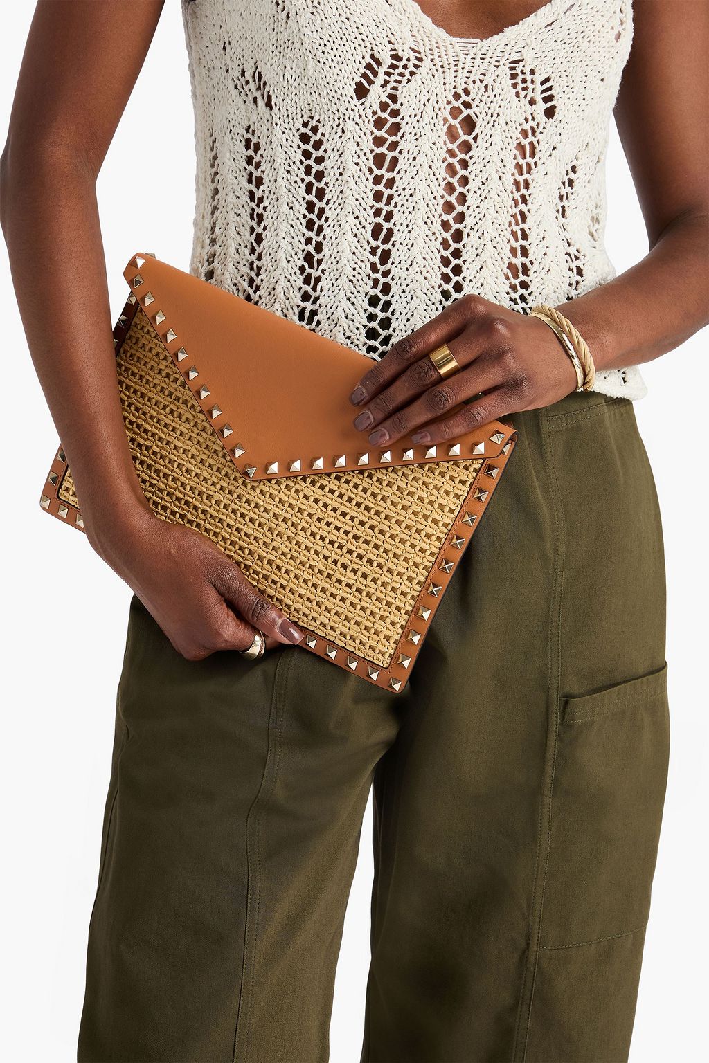 VALENTINO GARAVANI Rockstud leather and raffia envelope clutch