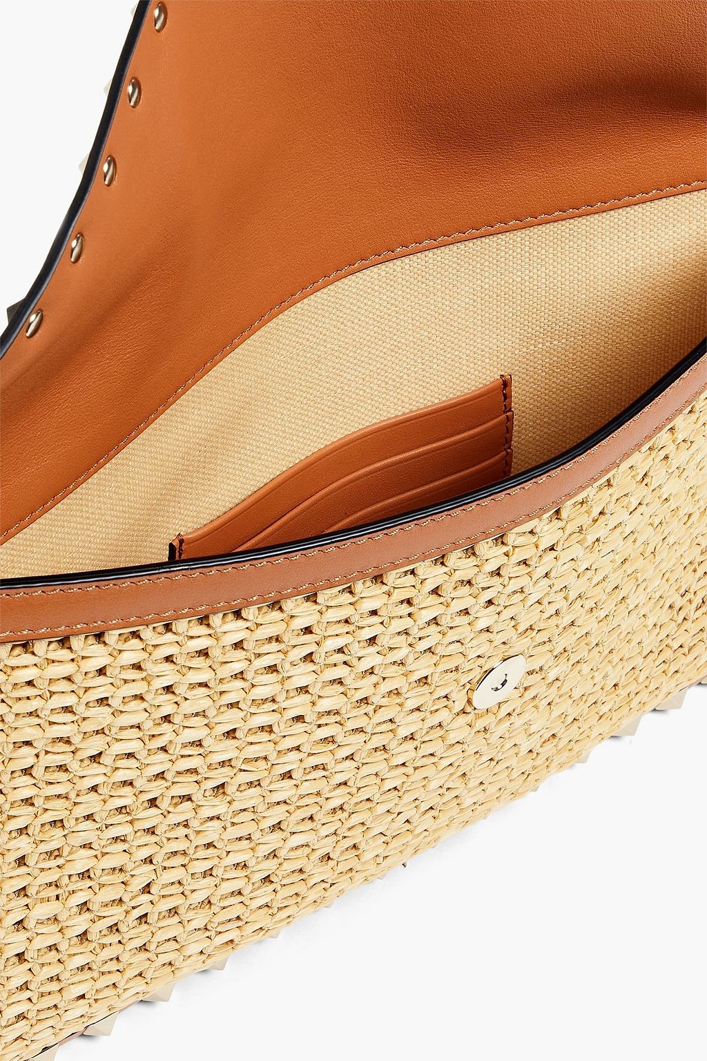VALENTINO GARAVANI Rockstud leather and raffia envelope clutch