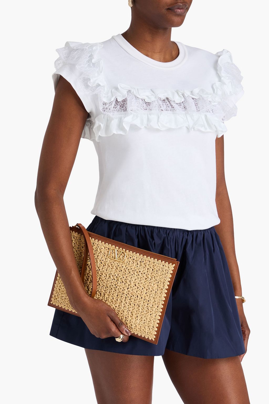 VALENTINO GARAVANI VLOGO leather-trimmed raffia pouch