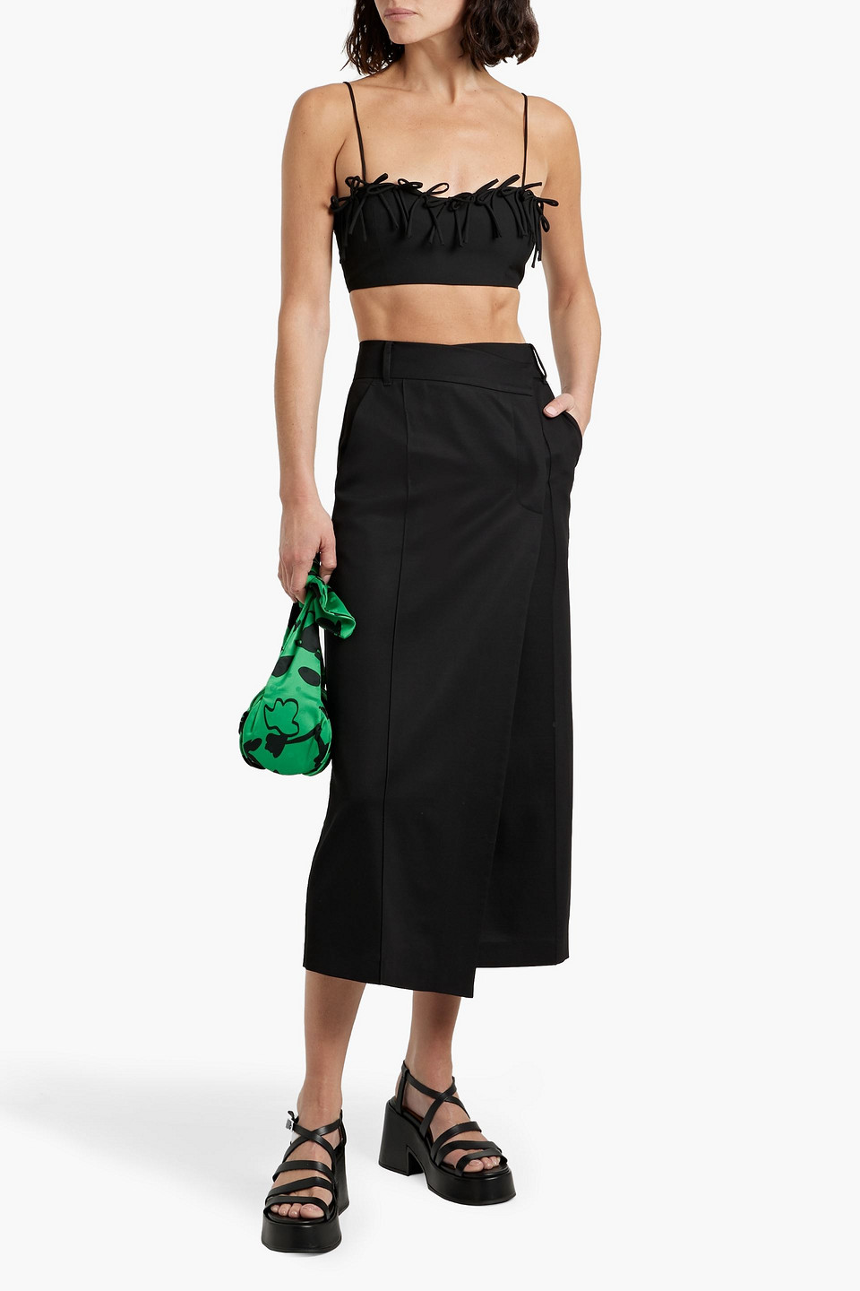 Ganni Bow-detailed Crepe Bra Top In Black