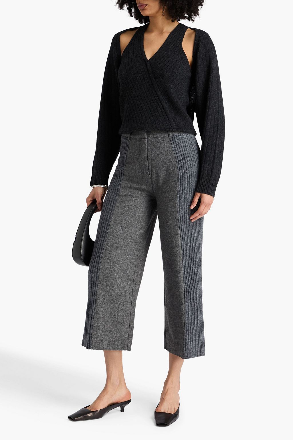 NAADAM Cropped ribbed knit-paneled wool-blend felt straight-leg pants