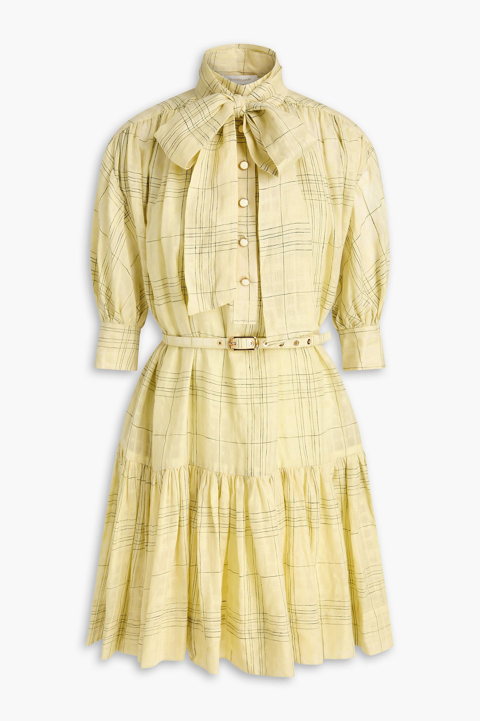 Zimmermann Belted Checked Linen And Cotton-blend Mini Dress In Yellow