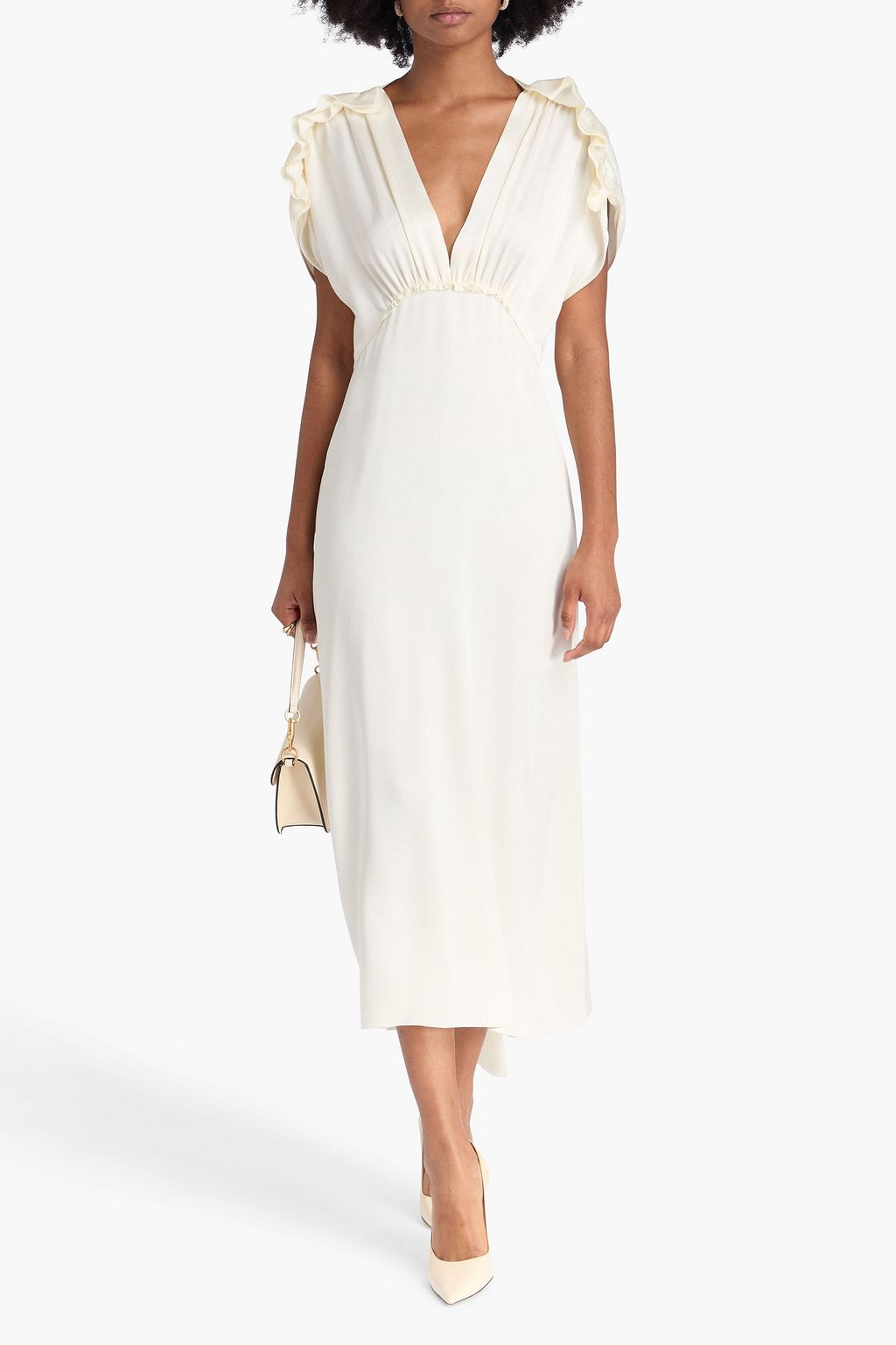VICTORIA BECKHAM サテンクレープ ミディワンピース ラッフル付き