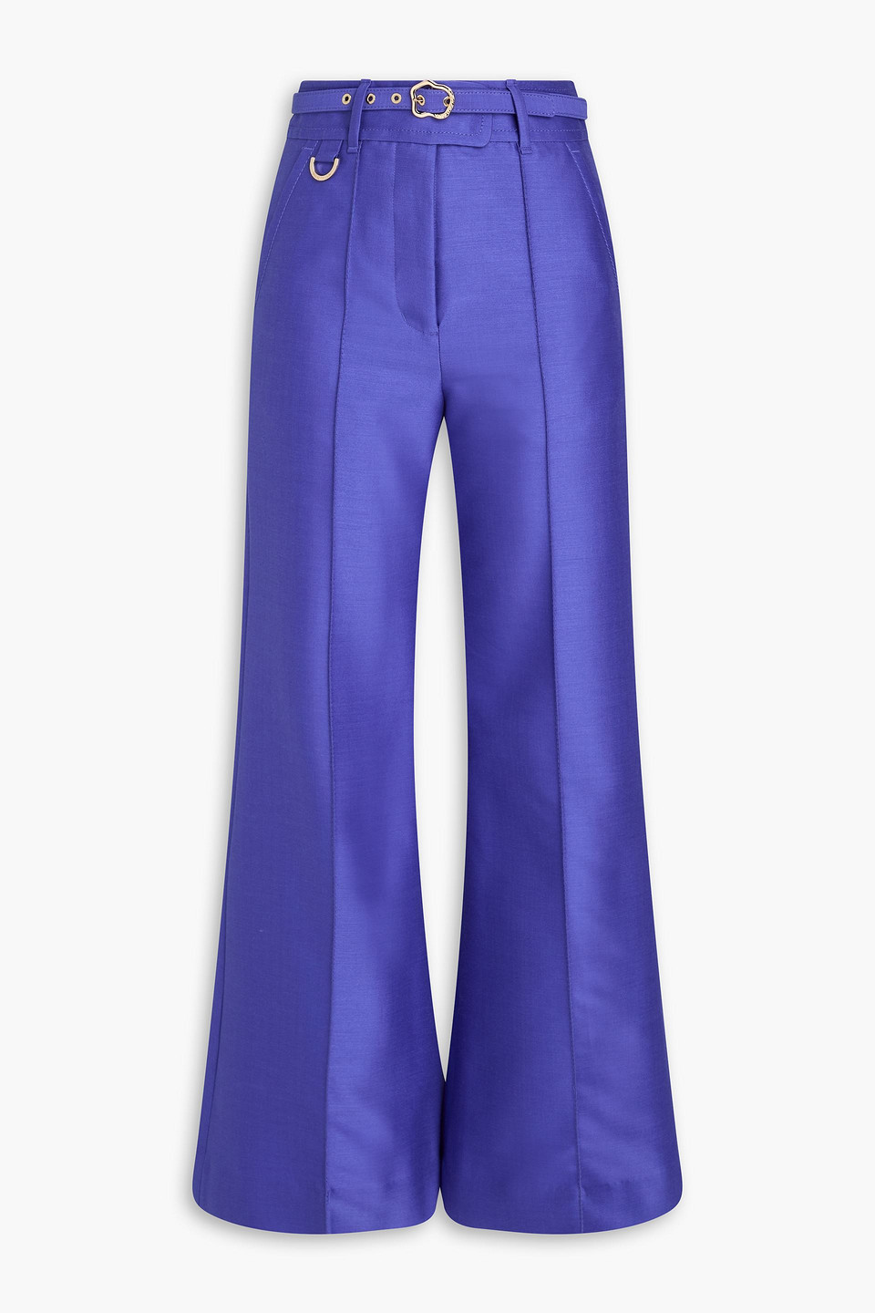 Zimmermann Belted Wool And Silk-blend Flared Pants In Indigo