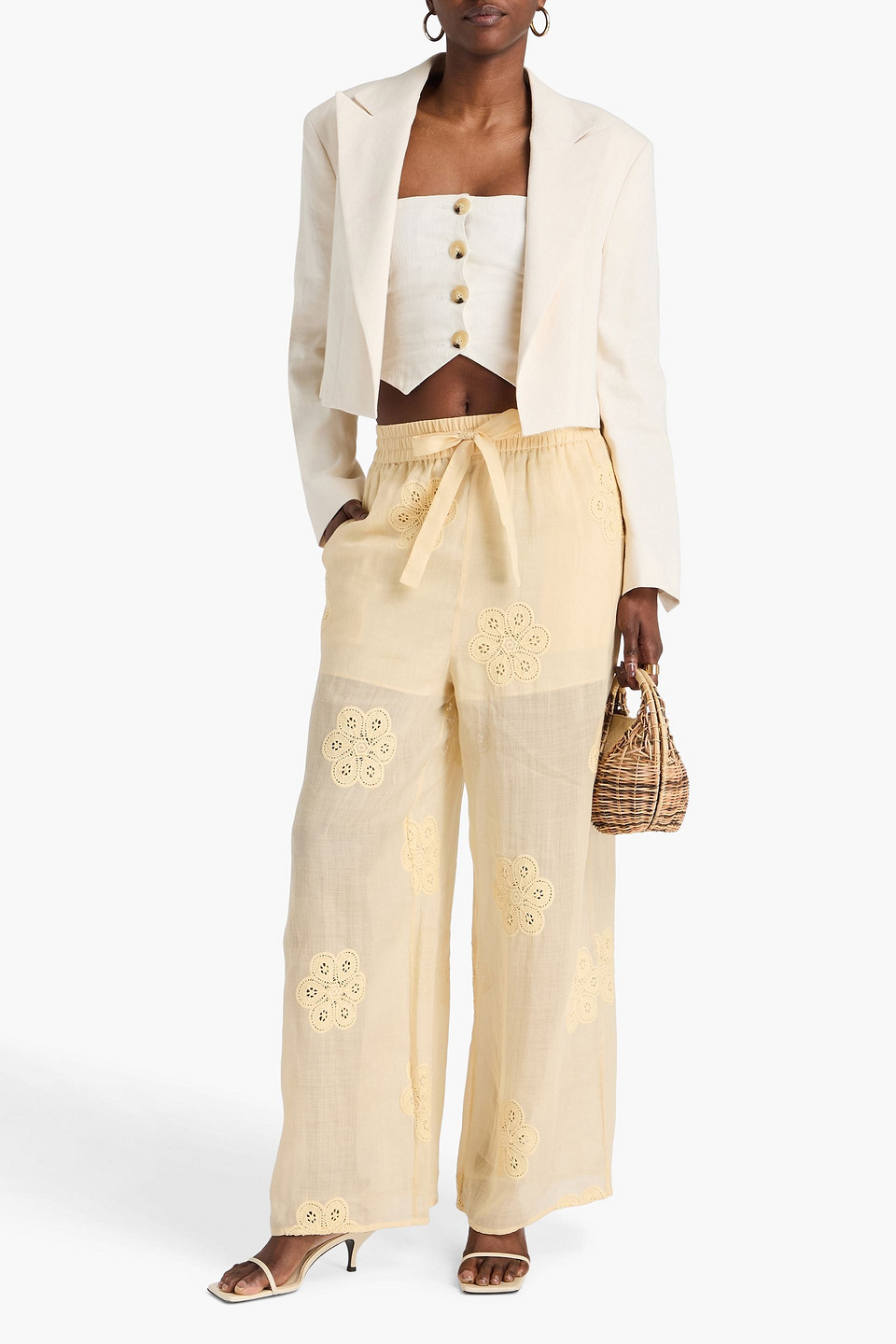 Zimmermann Embroidered Ramie-gauze Wide-leg Pants