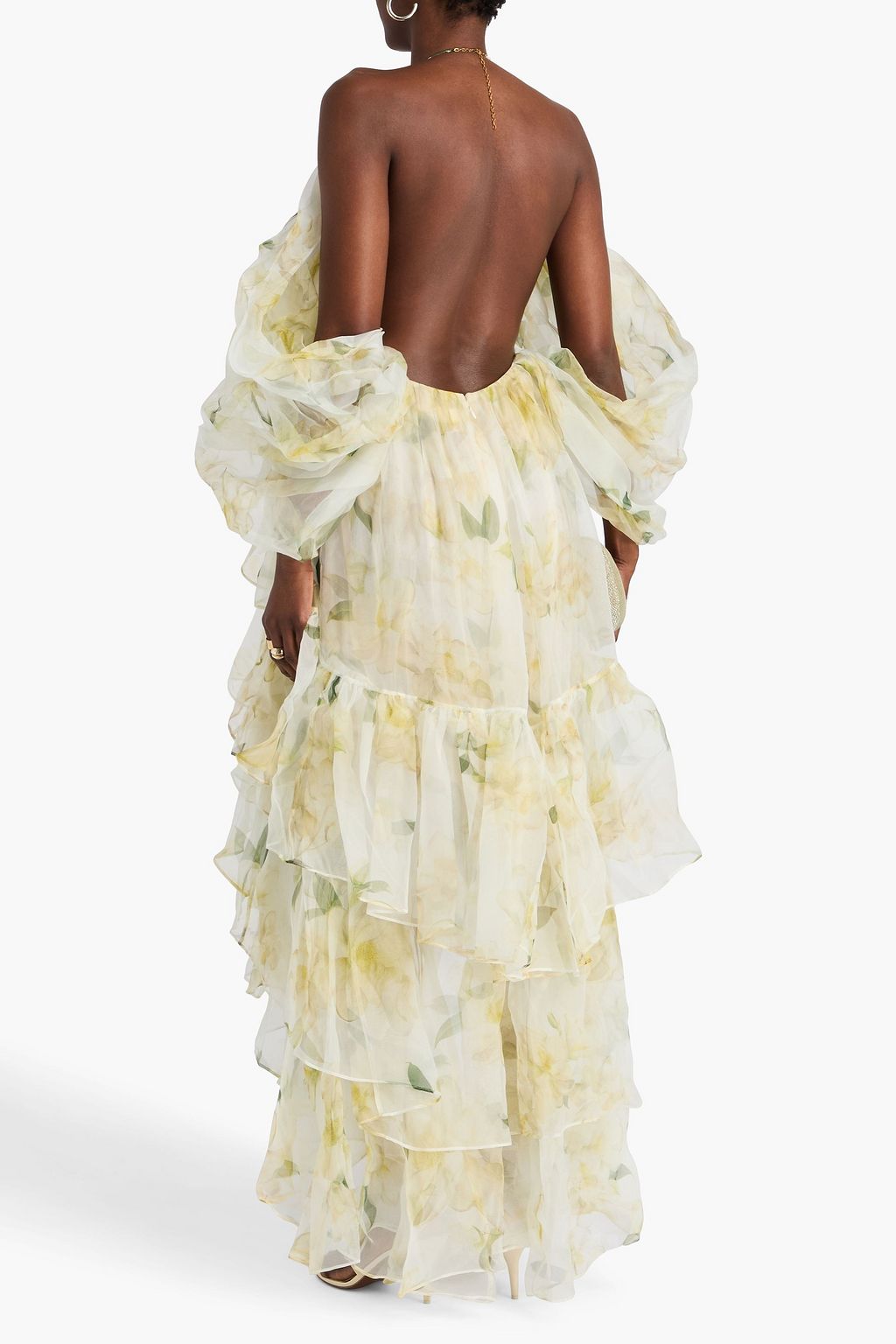 ZIMMERMANN シルクオーガンザ ミディワンピース オープンショルダー ティアード プリント入り